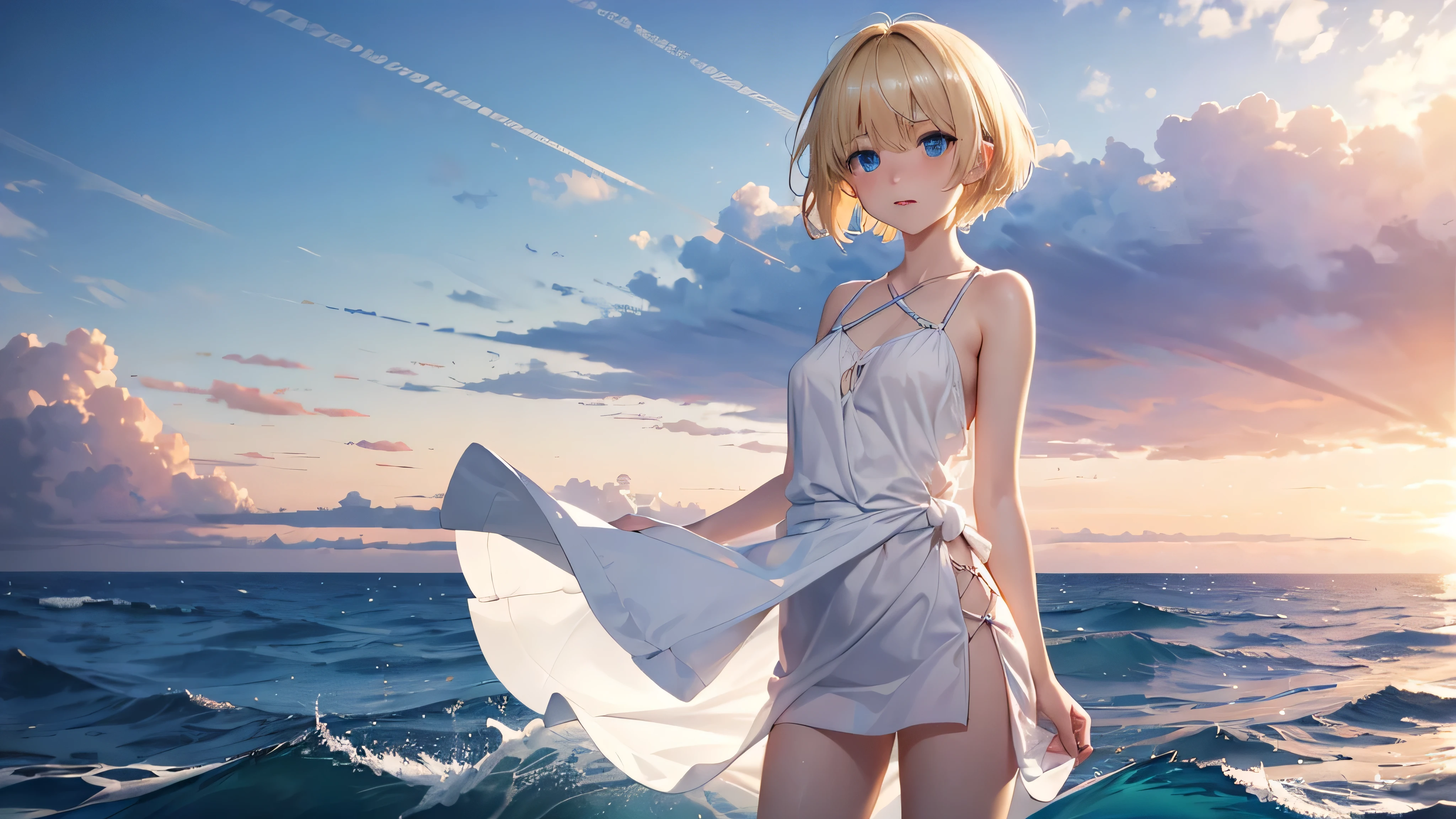 masterpiece、Massive landscape((Mysterious Sea、sand beach))、a beauty girl、huge tit、Blonde Shorthair、Embroidery on a long dress