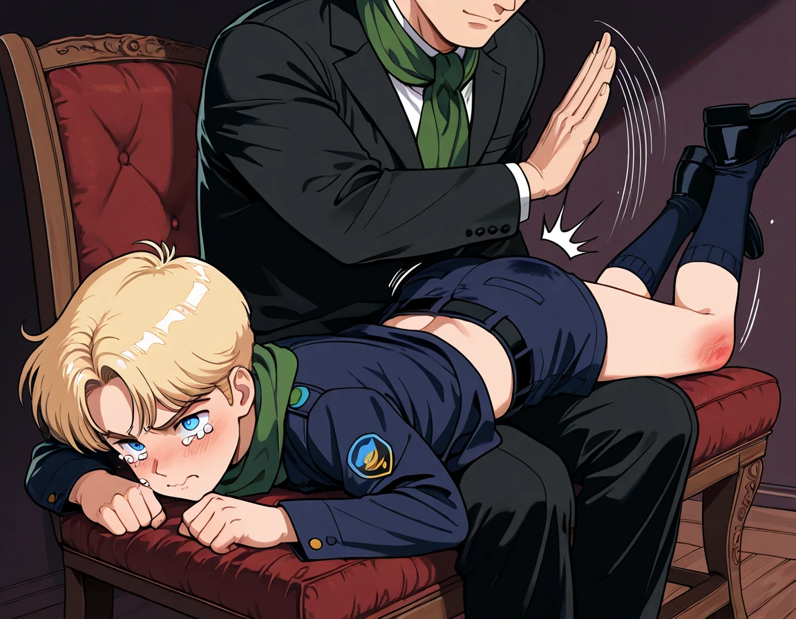 (((2 characters- A sexy blond young adult male russian soldier blushing and as he is getting bdsm spanked by his elder interracial colleague and captain gangbang))), NSFW, hentai, yaoi,((yaoi hentai)), porn, pubic hair, ((red spanked butt)), butt focus, ((art inspired by Ppatta’s yaoi hentai comics)), snowy setting, (((“mmm, ahh spank me harder,captain!!!”))), ((swollen spanked male blushing butt )), ((pants pulled down)),