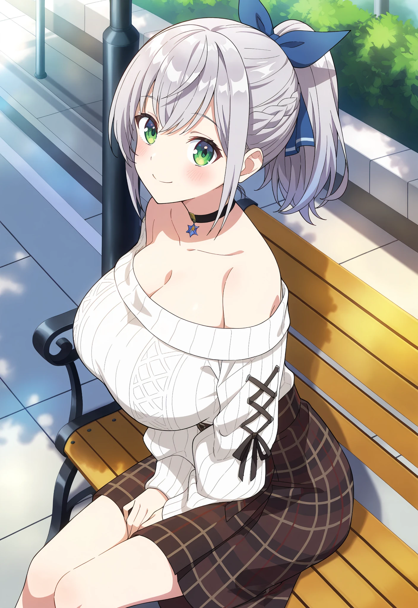 perspective from bellow,masterpiece, best quality, beta, silver hair, white shirt, frills, pencil skirt, cleavage, large breasts, looking at viewer, smile,bright smile,squinted eyes,happy,joy,sitting on the bench,
