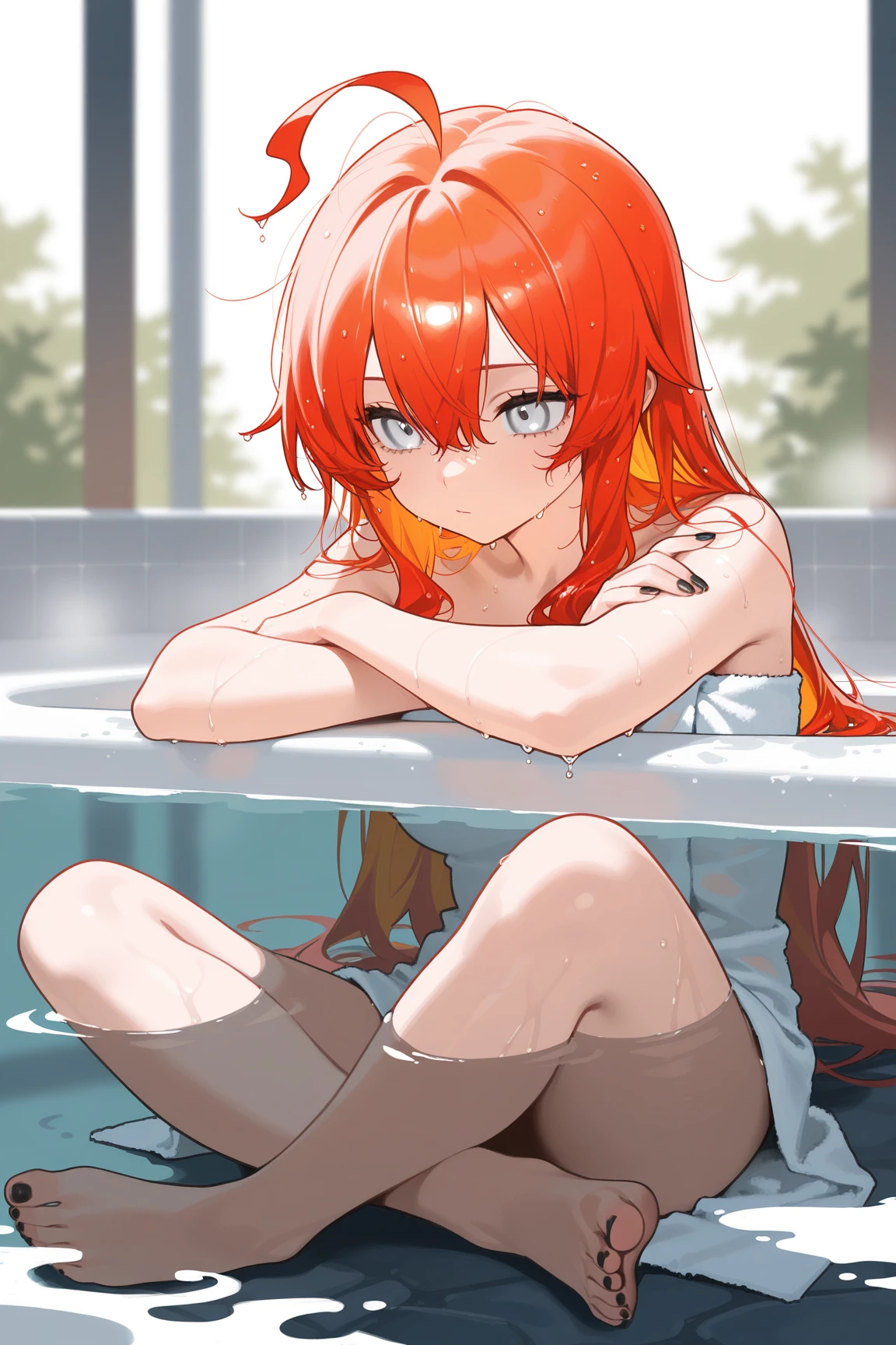 anime anime, young girl laying in the bathtub with her hand on her chest