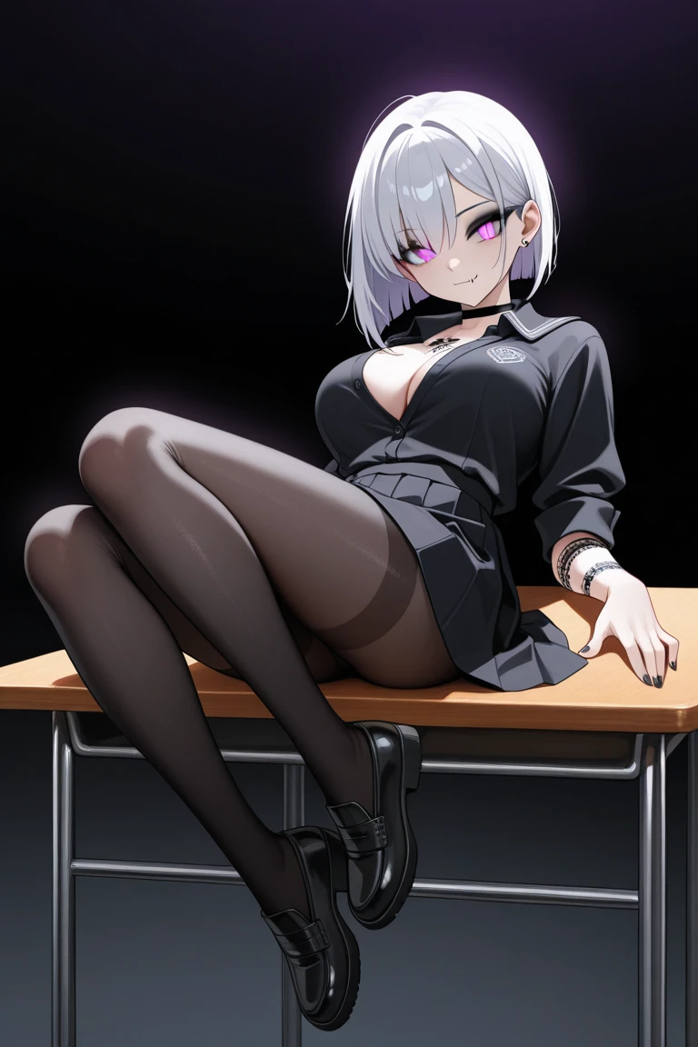 1 anime girl, silver white hair, short hair, panda ears, ((hair covering right eye)), (hair bangs over eye), ice blue eyes, (makeup and eyeliner), sweet smile, extreme curious look on face, large , (medium breasts), ((medium to large cleavage)), sleeveless princess vest, cute black pleated mini skirt, black school thigh highs, loafer shoes, sitting down legs crossed, abandoned school, eerie background, full body fan art.
[[High quality]]
[[Best fan art]]
[[Sexy anime]]
[[Hot anime fan art]].