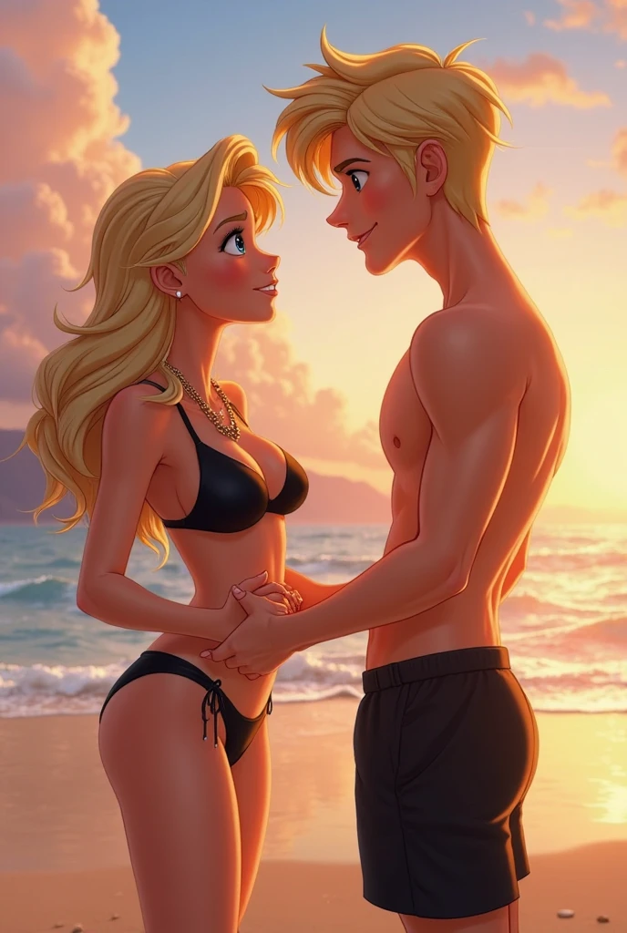 18 year old light skinned boy with freckles and medium hazel eyes with his 1 girlfriend with blonde highlights, blue eyes on the beach in a swimsuit

