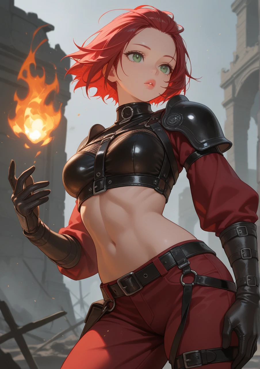 1个Giant Breast Girl, redheadwear, blue color eyes, The sword, Fire, Sideslit, HD detailed anime game corner lind box toy style, 8k, super detail, UHD