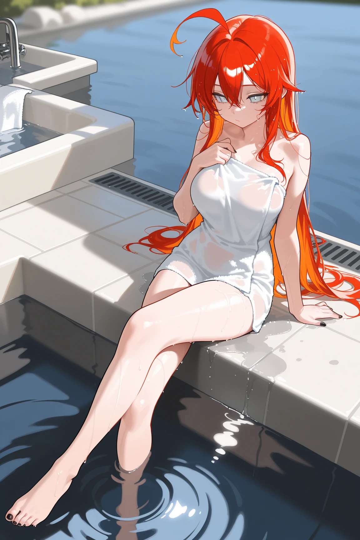 anime girl bathing, long dark red hair
