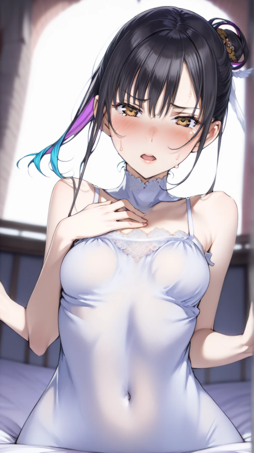 (masterpiece), (highest quality), ((Super detailed))、(super delicate)、Cute naughty Assassin girl、Pastel colors hair、medium breasts、(Thighs, fishnet pantyhose, ninja costume)、Gorgeous、short hair, (dark blue hair1.2), (naked:1.3), (forehead:1.2, bangs pinned back:1.2, asymmetrical bangs, left side ponytail:1,3), standard height, (Serious, Large eyes, yuruyuri)