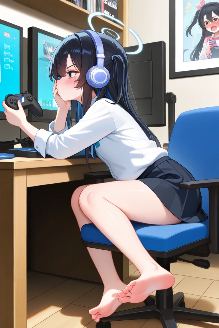 One Woman、beautiful girl、Sit on a chair、Dark Room、computer、Sit in a gaming chair、High-end headphones、Professional Gamer、Lean forward to look at the monitor、Addicted to the game、Grip the game controller、Control the controller with both hands、computerに向き合う、beautiful girl, Highest quality, Tight T-shirt、Lower body is panties only、Thick thighs、Big 、Big Ass、Black Hair、long hair、Bangs、Sweaty body、I'm sweating all over、Lewd sound effects、Excited、Stripes々Panties、Play eroge、Excited by naughty games、Low - Angle、Tight fitting T-shirt、Side view