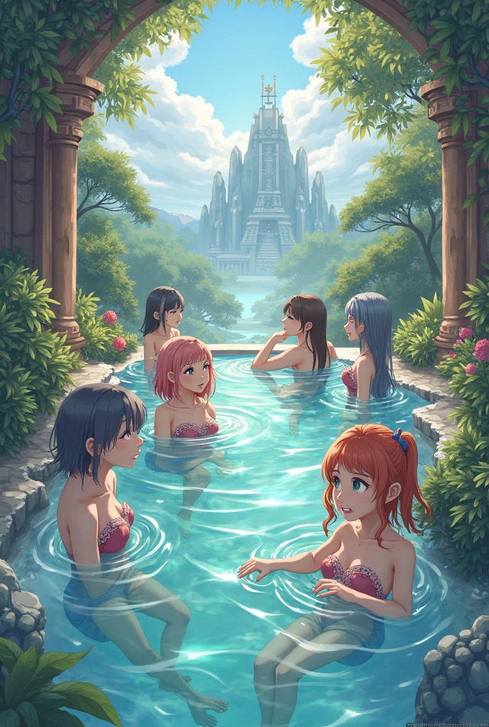Harem, at arabian great bath, 4 beautiful girl and prince, veil, flowers, chandelier, feast, (Masterpiece), (Best Quality), (Ultra high Detailes)