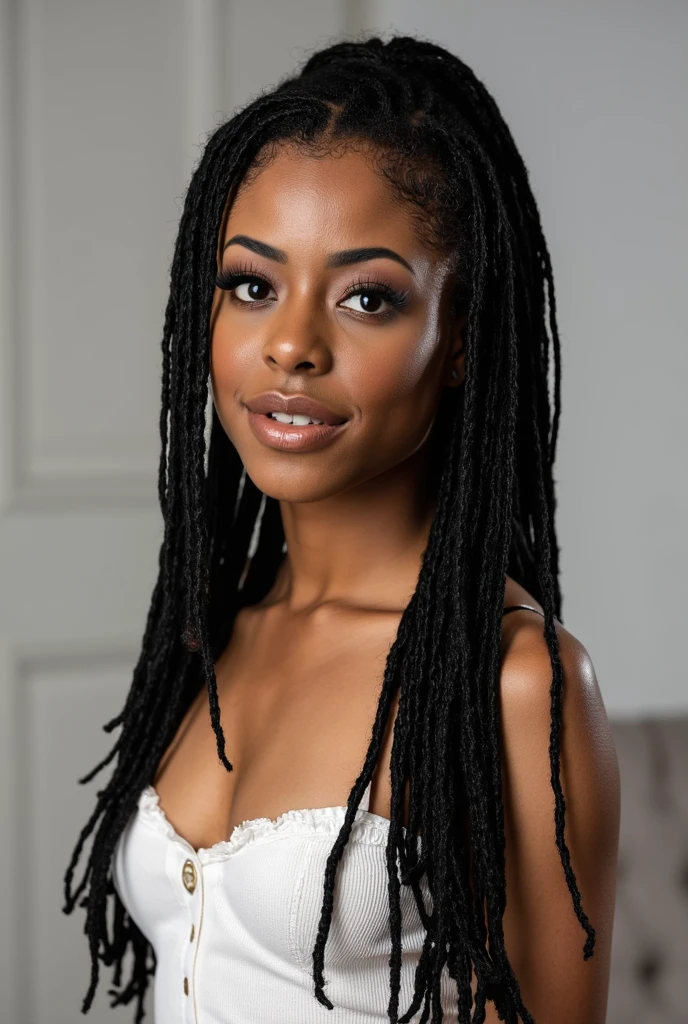 masterpiece lewd posing of a beautiful blushing Gothic princess (girl:1.2), Smiling, Senegalese twists hairstyle, Interior Design, by Daniel F Gerhartz and eytan zana, Natural lighting, sparkling eyes, detailed, vivid, Hyper minimalist, (shallow depth of field, bokeh:0.4)