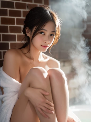 beautifull, medium breast, ultra realistic, hd , hq, young woman, masterpiece, (8k, RAW photo:1.2), take a bath, bath barrel, water, wet body, long hair, korean woman, big eyes, gaping mouth, smoke