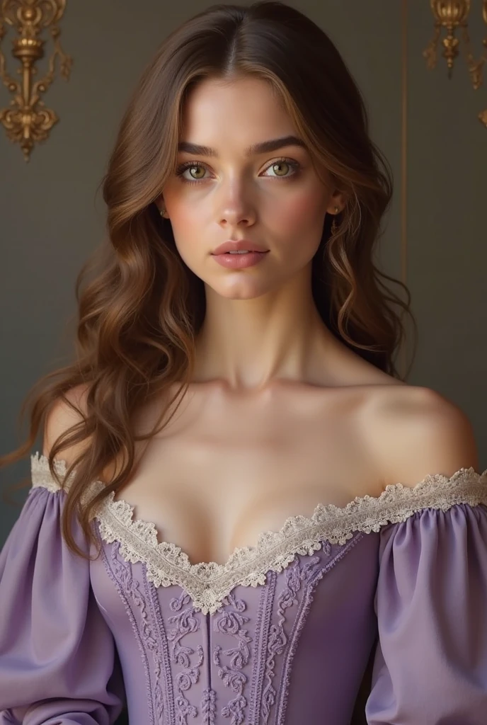(realistic:1.3), finely detailed, quality, rembrandt lighting, (masterpiece:1.2), (photorealistic:1.2), (best quality), (detailed skin:1.3), (intricate details), dramatic, ray tracing, 1girl, french girl, 21 years old, detailed skin texture, (blush:0.5), (goosebumps:0.5), subsurface scattering, smiling, medium breasts, very deep cleavage , ((deep cleavage)), braided hair ring, hair loops, hair between eyes, hair ornaments, necklace, jewelry, ballgown, wearing a ballgown, purple dress, gold embroidery, ((purple dress with gold embroidery)), puffy sleeves, short sleeves, full body, (bright sunny day),  