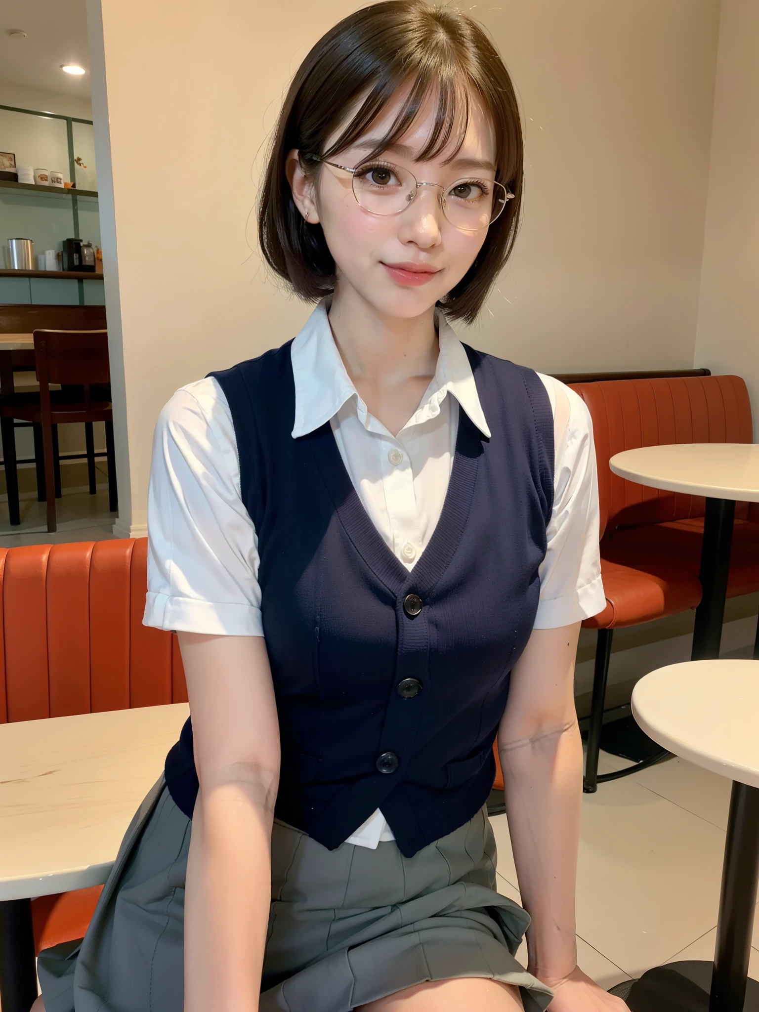 high quality、8k、masterpiece、Ultra-high resolution、Clear photos、Professional Lighting、Natural light、Realistic、Highly detailed skin、Perfect Anatomy、Beautiful fingers、Beautiful Hands、One Woman、Age 25、Baby Face:1.6、Large Breasts、(Large areola)、Glamour、Bob Hair:1.8、Black Hair、Beautiful Hair、smile、(Squint your eyes and laugh:1.1)、office lady、(Black vest)、White short sleeve shirt、Blue Ribbon、(Black tight mini skirt)、(Perfect Pantyhose:1.2)、((Black Pantyhose))、blue sky、((at the park))、Sit on a bench、Obscene pose、(((Skirt Lift:1.2)))、((Full Body Shot:1.5))