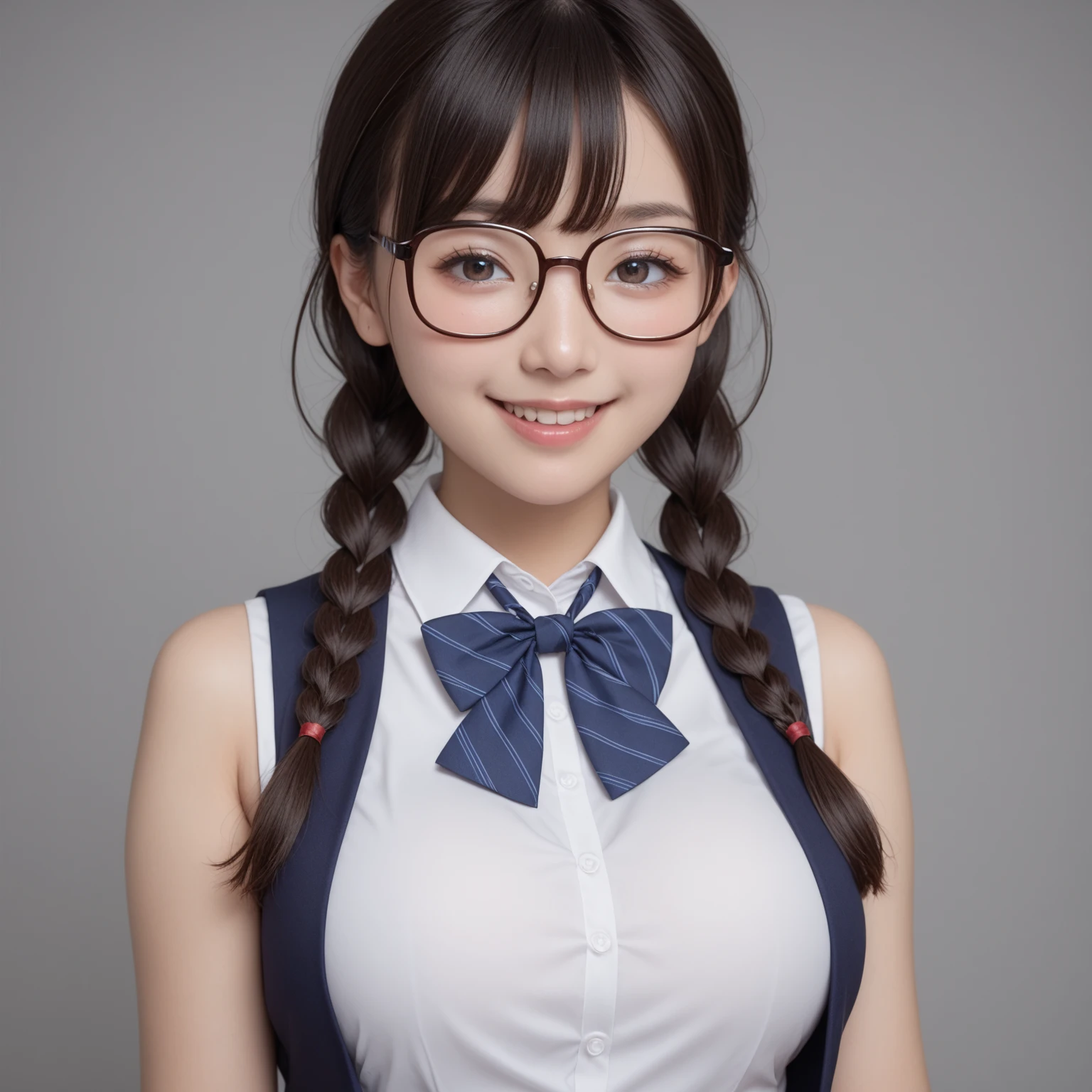 (Best Quality,4K,High resolution:1.2), Ultra-detailed, Realistic portrait, Best Quality
(outside japanese high school),
(passionate scene),one young looking high school girl
(intense emotion), (carp), (kiss:1.1),
, (open eyes),(innocent look), student clothes、long black hair with large bow、Mini Pleated Skirt、Stockings, (glasses), standing, open mouth, big breasts, breasts out, lingerie, pigtails, thin tiny waist, visible abs, black and pink marching band uniform with bow, having fun, large bow in hair, small body, big brown eyes, big cute smile, cropped shirt, lingerie, full body, (inciting look on face)