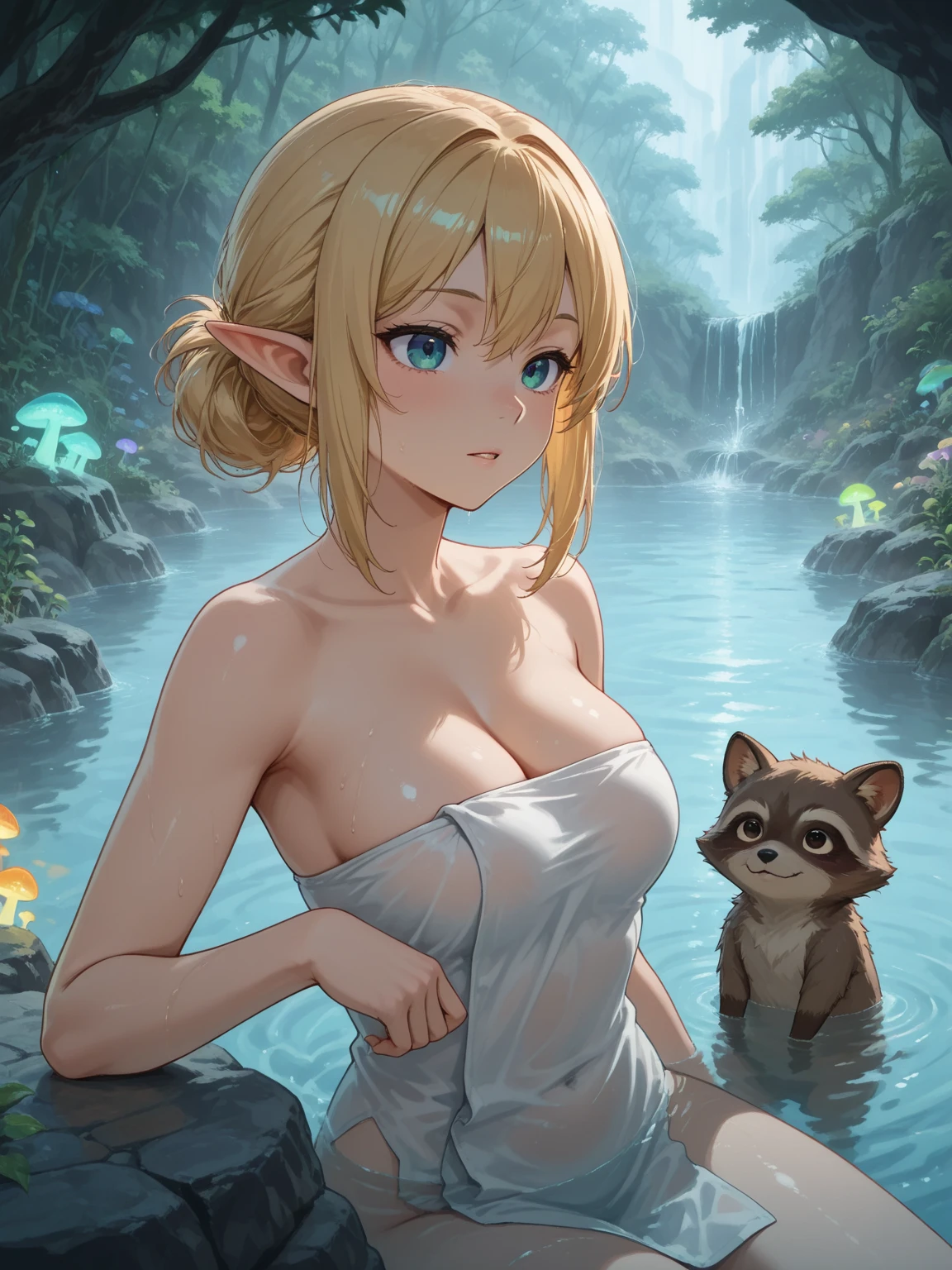 (masterpiece:1.3), (8k, Realistic, RAW Photos, highest quality: 1.4), (High definition), Realistic eyes, Beautiful fine details, (Realistic Skin), Beautiful Skin, Absurd, Charm, Ultra-high resolution, Ultra-realistic, Very detailed, Cinematic, (Complex:1.3), Best Shadow, Side lighting, ((Accurate hand and finger depiction)), Golden Ratio, (Blonde woman with cat ears), (tall, Blonde cat ears, Long Hair, Voluminous hair set), Large Breasts, Narrow waist, Big Ass, glamorous, Alluring, ((Completely naked)), ((Masturbating in a hot spring)), NSFW, ((masturbation:1.1)), ((Touching the vaginal opening)), (real vagina), Wet Hair, ((Smile)), (Sweat), (Flushing), ((Frowning)), (in the forest:1.3), (steam:1.1), ((wood々A rock bath hot spring surrounded by plants))