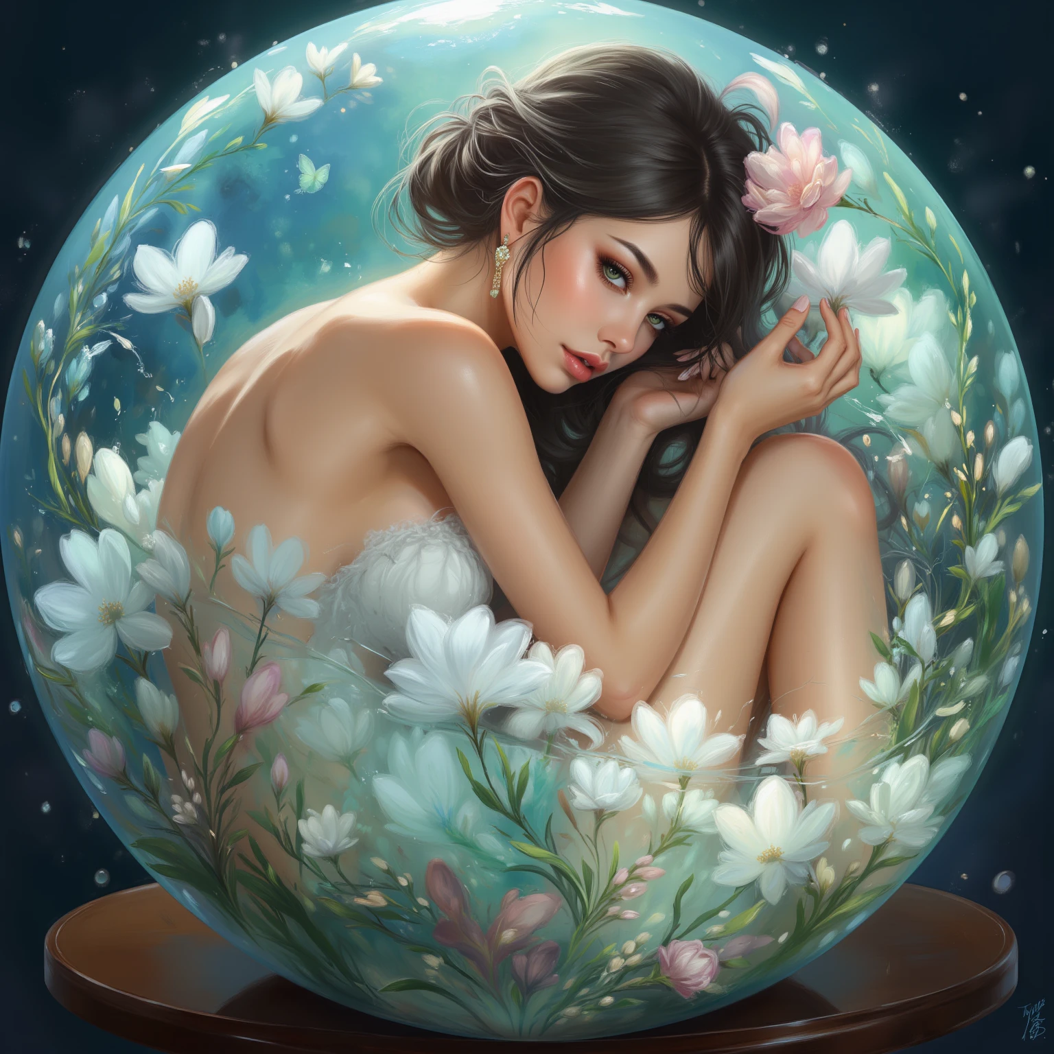 toned, woman in a glass ball with flowers in it, hyperrealistic, photorealistic, sharp focus, 4k,,