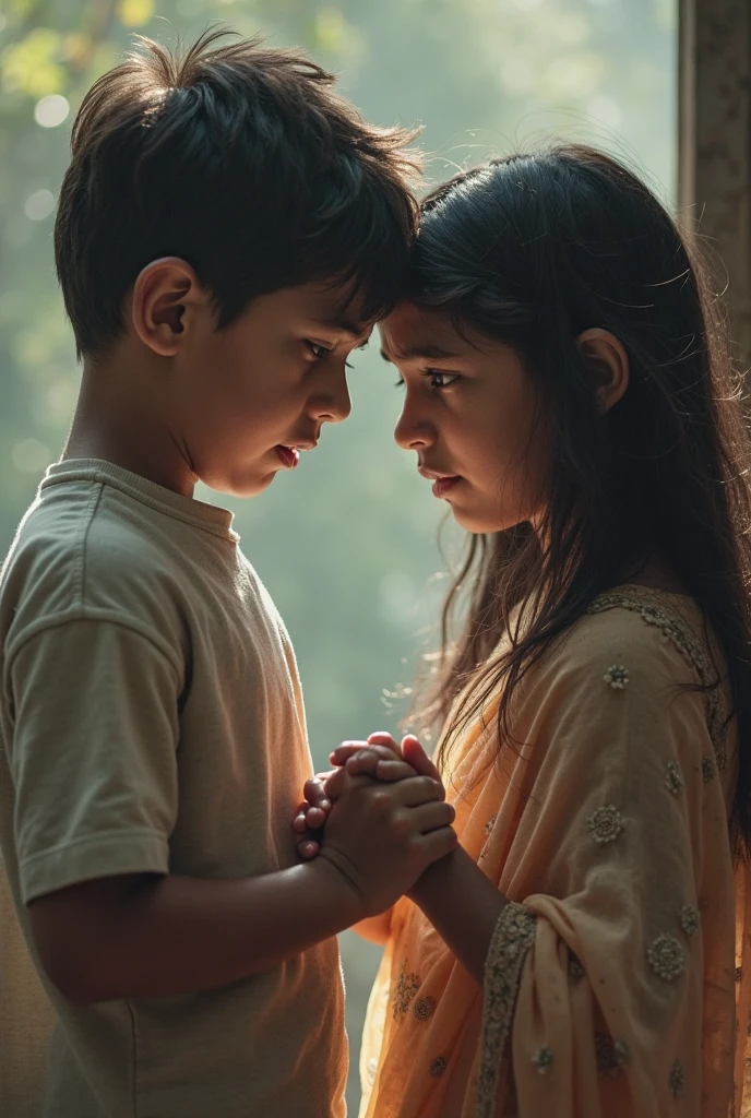 Indian hindu boy love muslim girl but she doesn't know hindu boy love boy and girl hand in hand sad and crying boy with orange shirt with ram name
