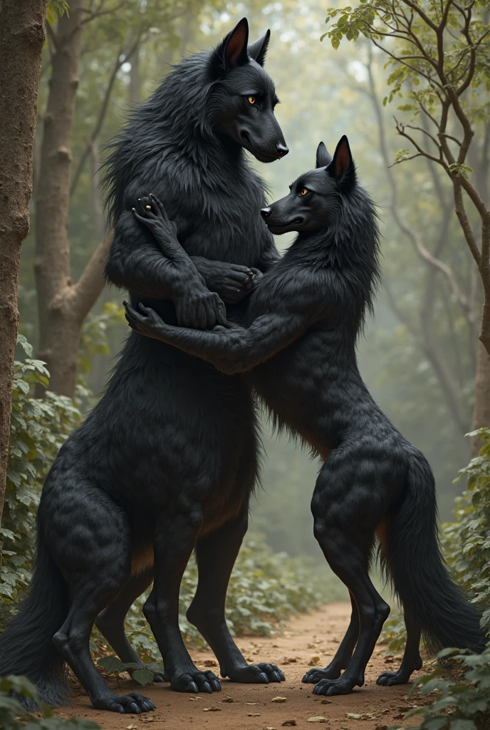 A high resolution, very detailed, detailed face, unsurpassed masterpiece, absurdity, a pack of werewolf monsters posing while standing, Three characters, hands behind your head, smile, glad, long penis, Fur Balls, detailed genitals, beard, holding each other close, excited, erect, night,