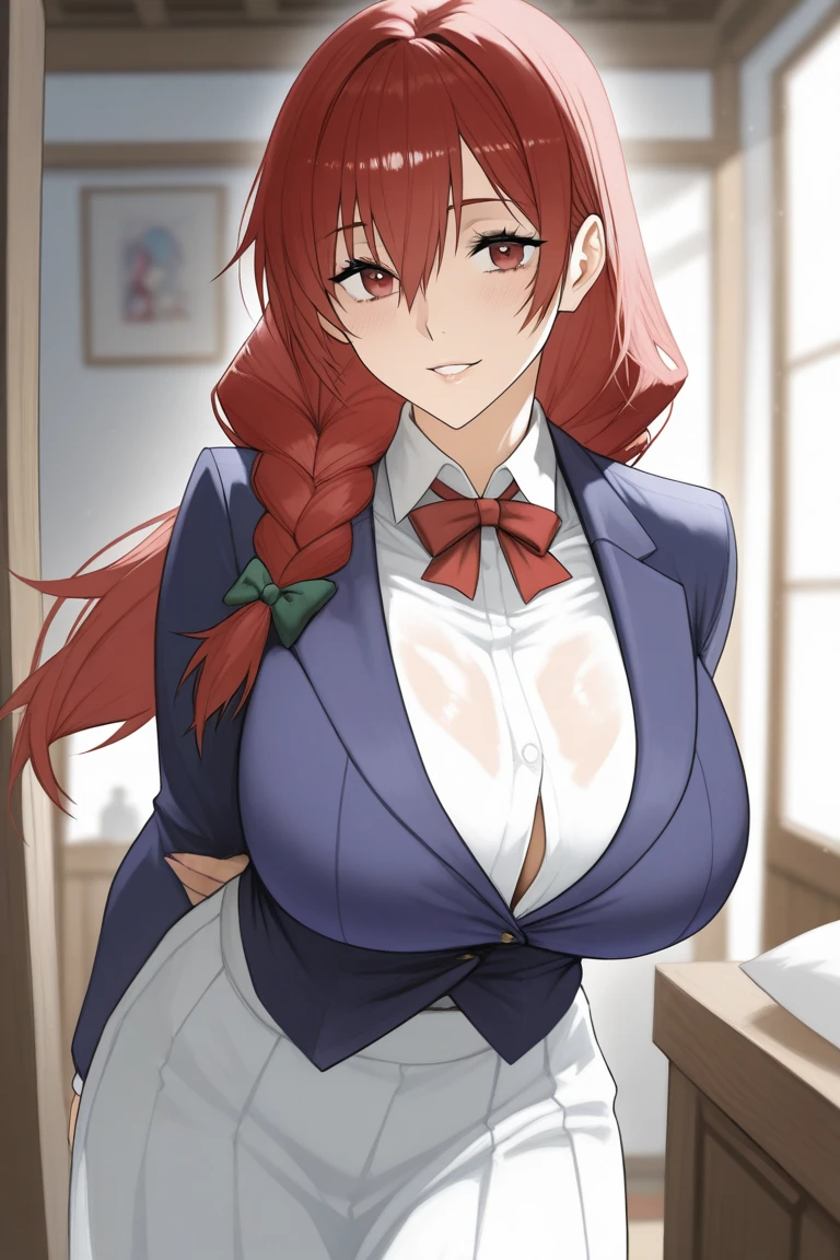 A beautiful woman in love cute tender beautiful specific mind pride I smiled huge chest red hair wavy fluffy two long pigtails round her red eye dots blue she dresses light pink blouse buttoned long sleeves arms down top yellow shirt and navy blue pants