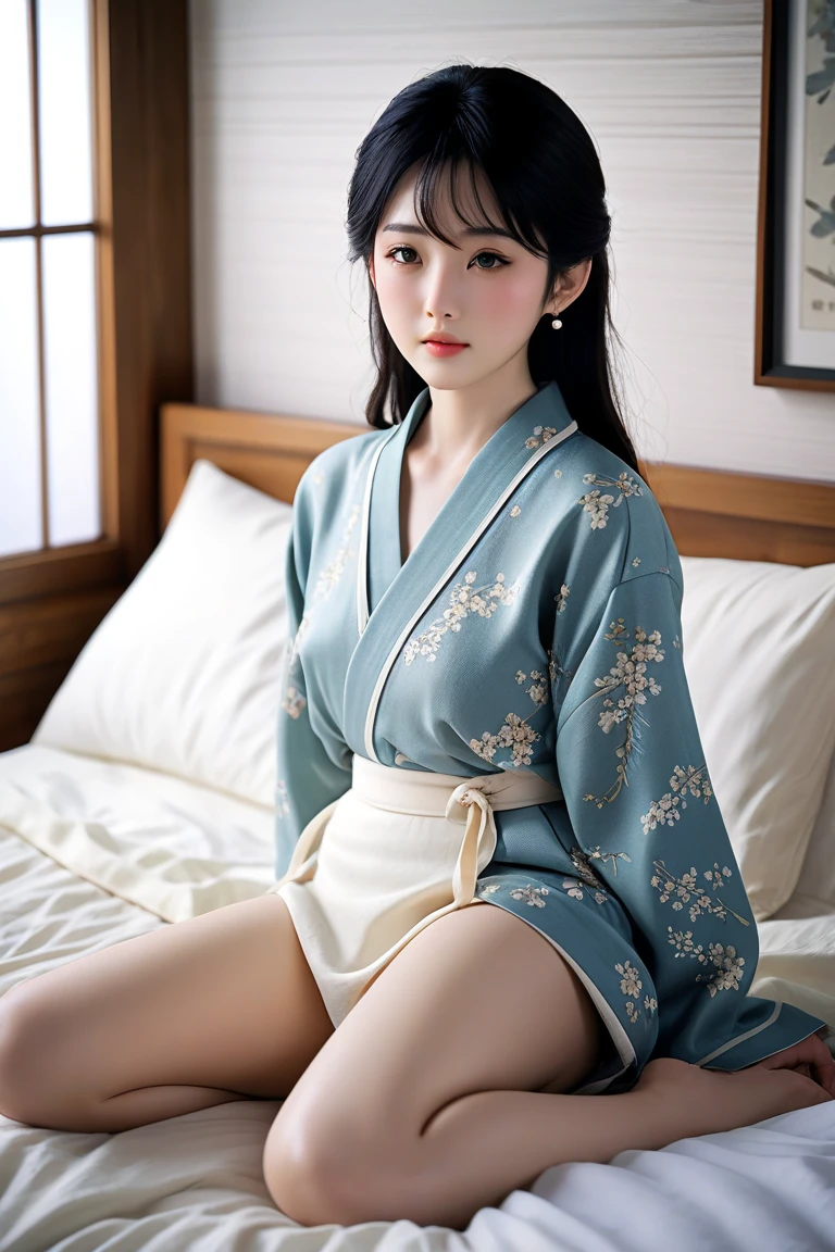 A beautiful woman who appears in the world of Stolenhäg、、A slightly frightened face、、Small breasts、、Light from the front、No makeup、A small room with tatami mats where kimonos are placed、、Sky blue floral design
