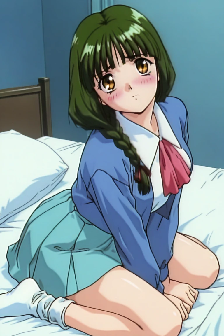 (best quality,High resolution,masutepiece:1.2),Super detailed,(Reality,Photorealsiticです,Photorealsitic:1.37),game cg, nsfw,1girl in, 16yo girl, Blue hair, (half up:1.1), (small tits:1.3), (Pink Uniform、Green skirt)、(female masturbation )、Eyes and faces with detailed, Kamimei、I'm blushing, Surprised expression, soft lighting, Full-body angle, Western-style room、