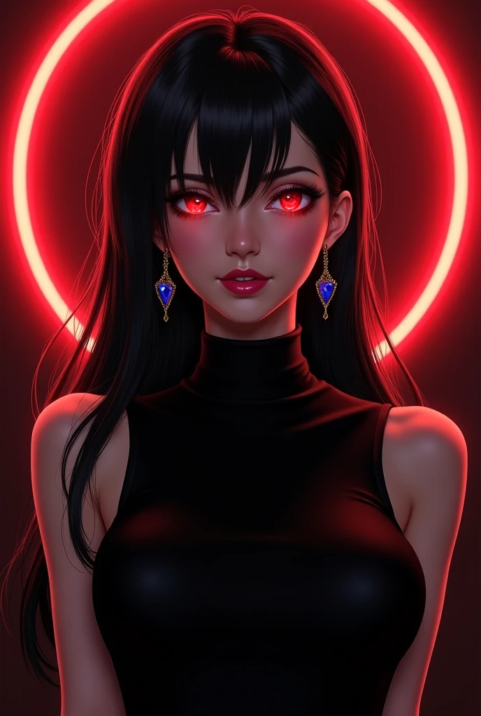 realistic,photorealistic,photo-realistic:1.37,highres,best quality,4k,masterpiece:1.2,ultra-detailed,extremely detailed eyes and face,long hair,red hair,multicolored hair,gradient hair,bangs,black hair,hair between eyes,ear piercing,piercing,jewelry,earrings,looking at viewer,1girl,solo,black shirt,shirt,breasts,medium breasts,collarbone,red eyes,black background,neon,video game art,red neon