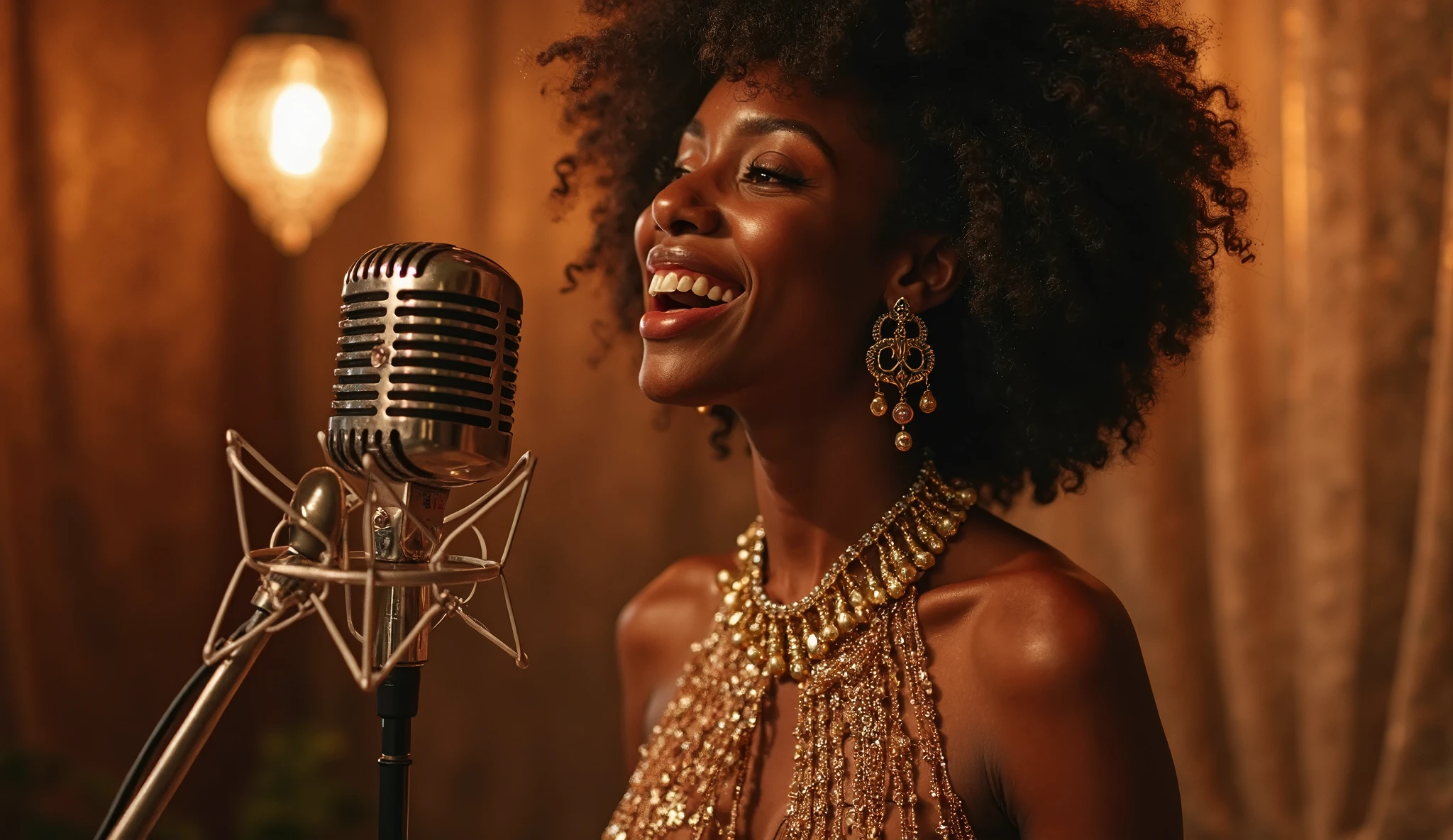 Photo 2: une jeune femme ???? ou un peu claire  , jolie et souriante avec des cheveux crépu , elle porte une jolie robe avec fente a côté et est entrain de chanter avec le micro a la main ,vu de face 