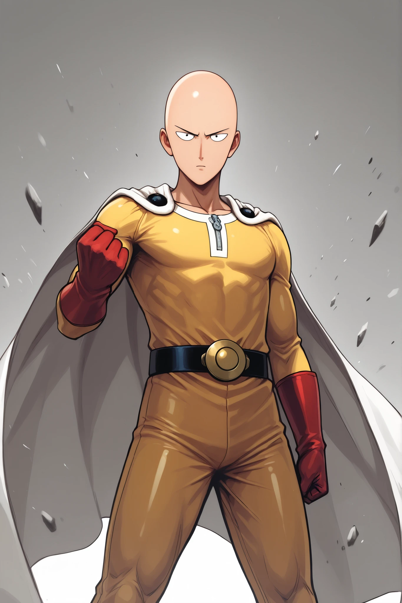 Ghibli-style of the Saitama from One punch man, wearing his superhero suit, standing in a hero pose. Masterpiece, 8K quality, white background