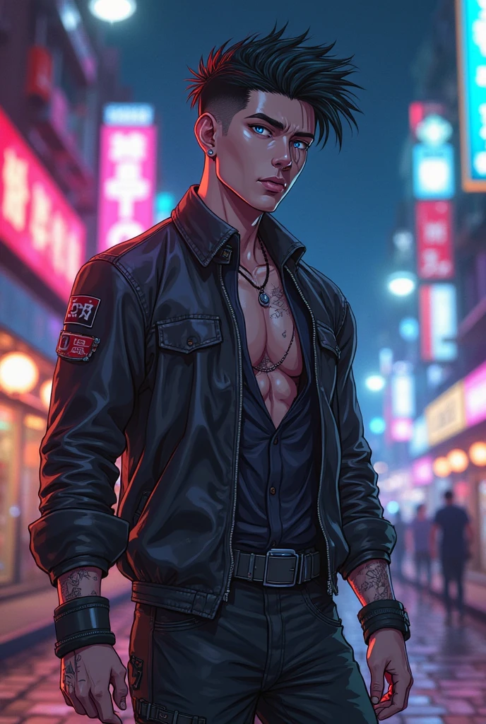 1boy, detailed face, detailed eyes, dark-skinned male, black hair, wolfcut hair, red eyes, black jacket, leather jacket, black tanktop, black jeans, muscular male, outdoors, city, night