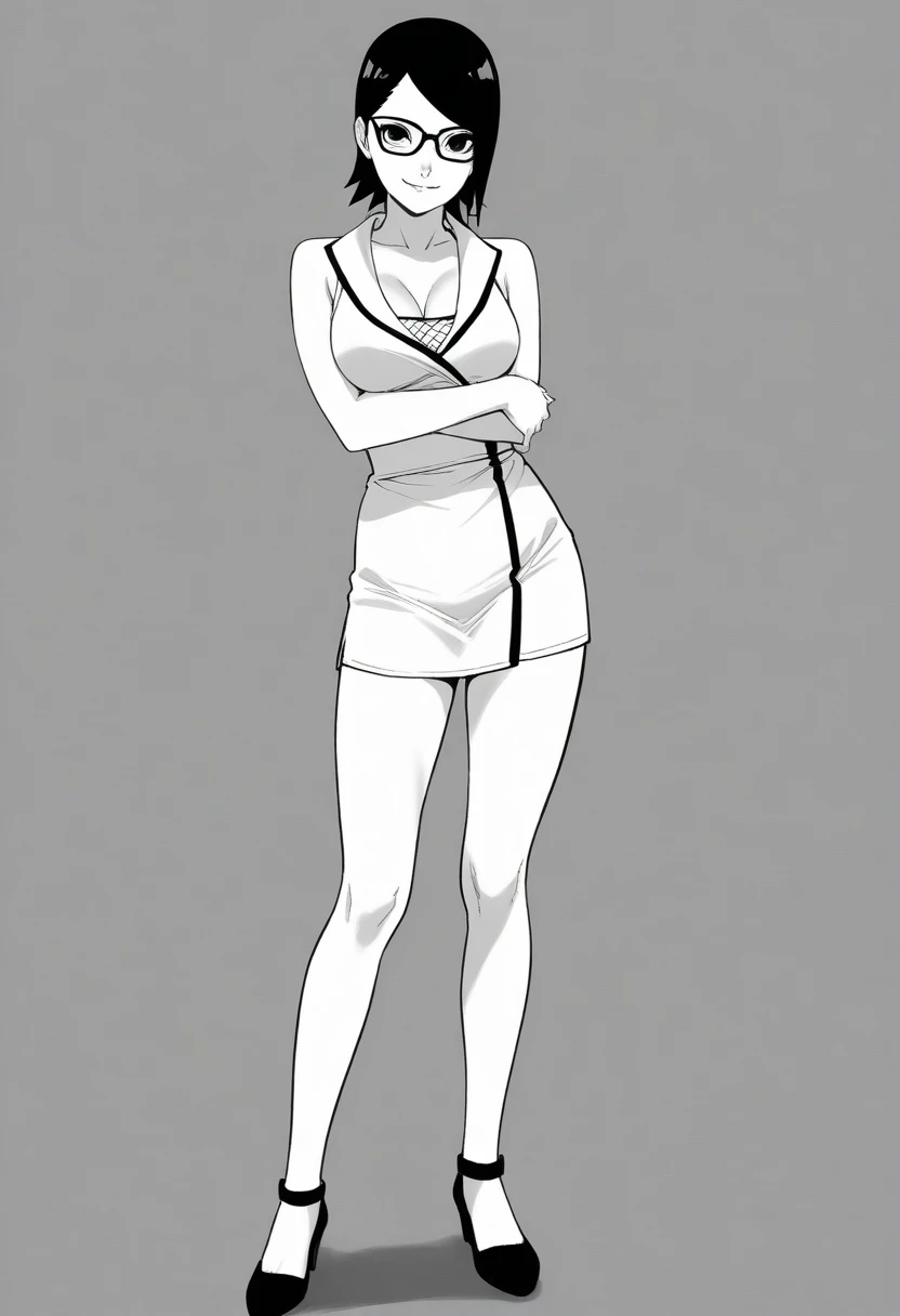 (Best Quality, masterpiece), 1girl, smile, (young girl), (armpits), (arms behind head), (Black hair), short hair, (virgin_killer_sweater:1.4), (large breasts), (sideboob:1.4), (tan:1.4), (tanlines:1.4), dark-skinned female, dark skin, (standing), (simple_background),
