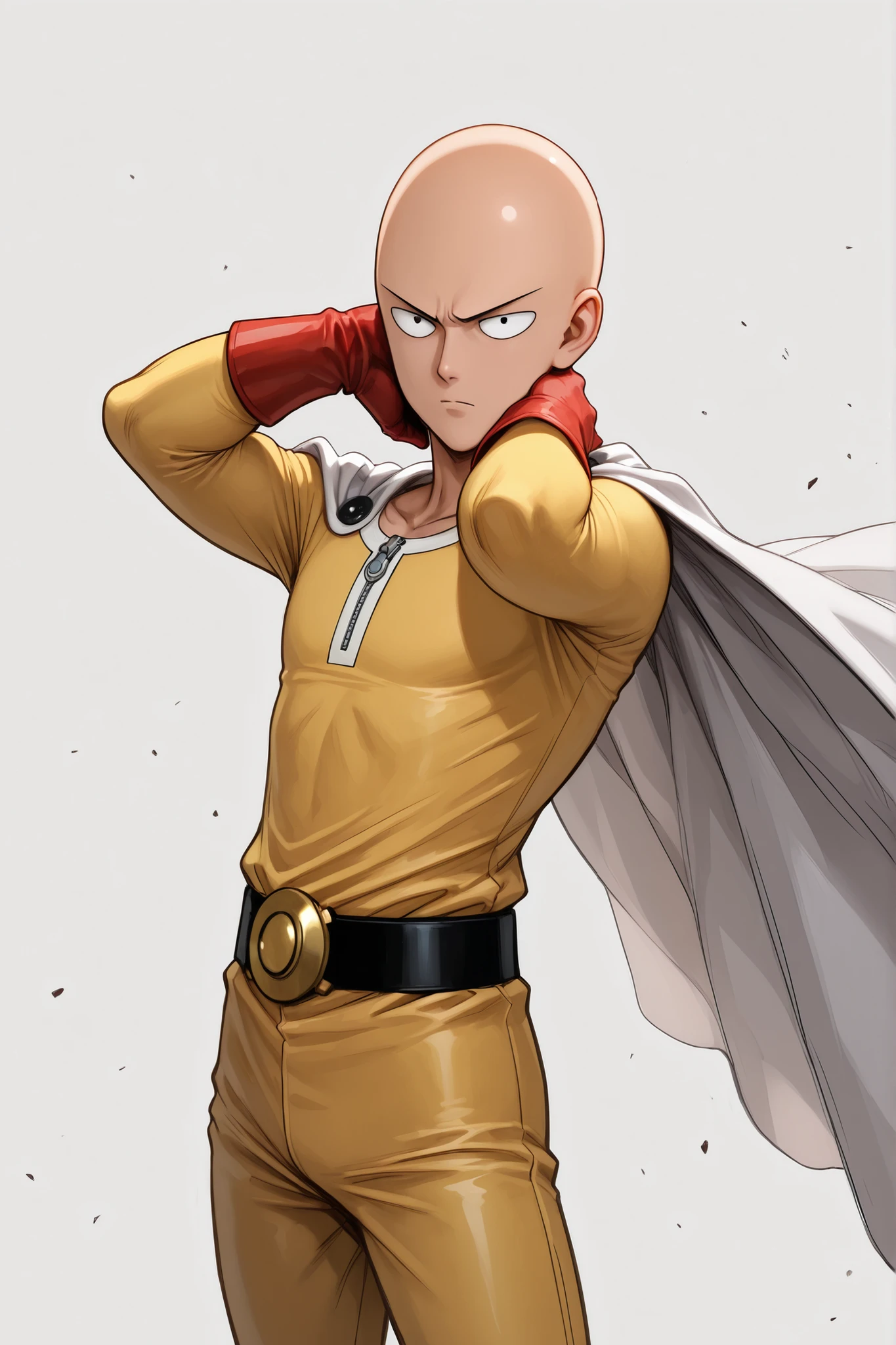 Ghibli-style of the Saitama from One punch man, wearing his superhero suit, standing in a hero pose. Masterpiece, 8K quality, white background 