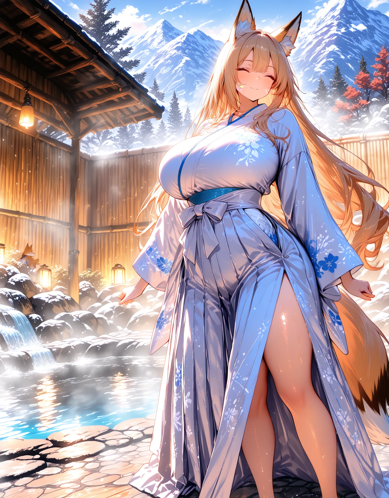 kitsune, purple eyes, blond hair, white kimono, small partially exposed breasts with visible nipples, surprised in onsen, snow mountains