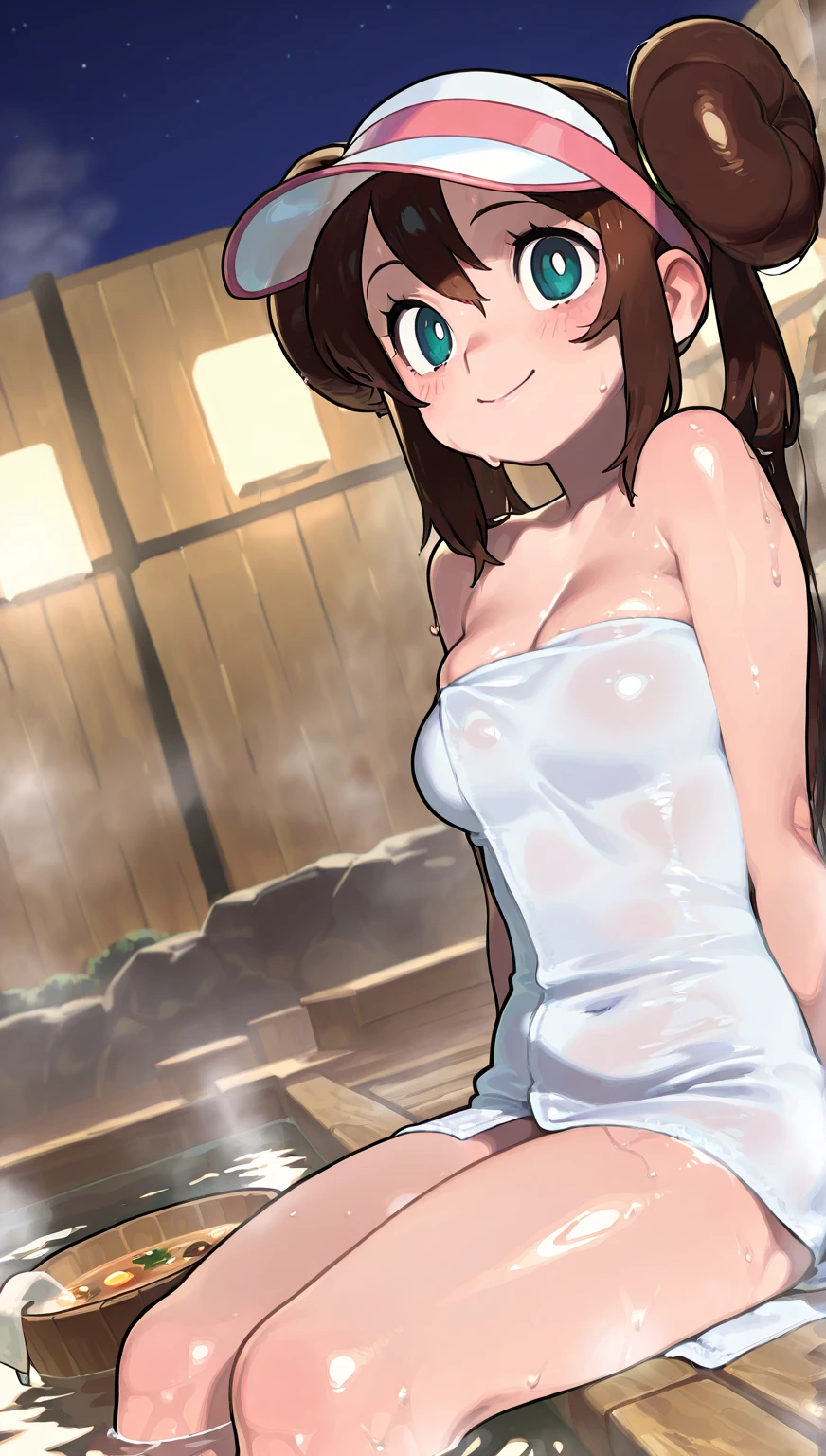 naked, in 8K、top-quality、​masterpiece、ultra-detailliert、Ultra-high resolution、((1 persons))、girl with、brown haired、a short bob、((((Sauna room))))、((perspiring))、Red face、Hide your breasts naked、((steams))、Hot , scrunchie on thighs