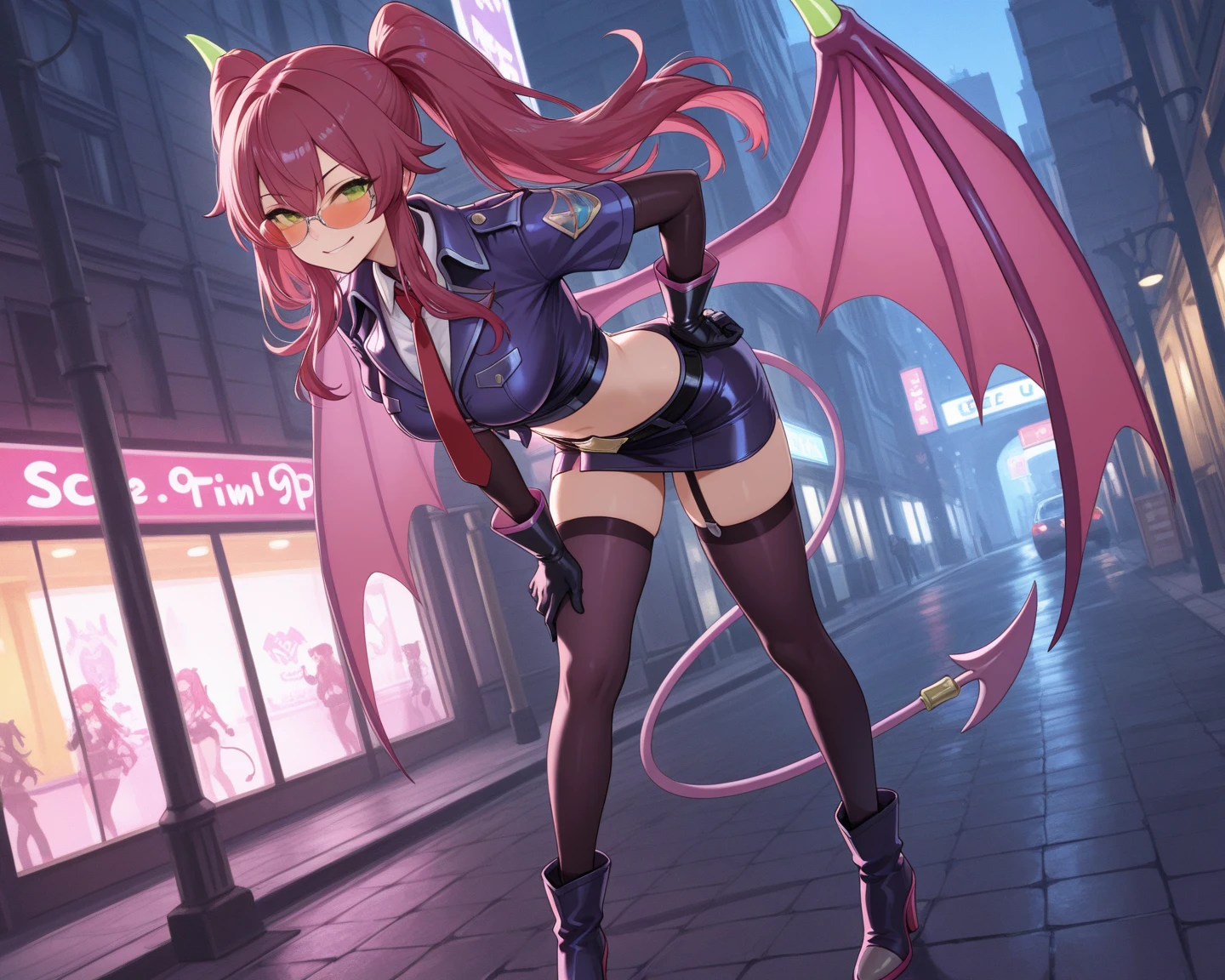 (furry art, Digital art, uploaded_on_e621:1.4, dragon bunny hybrid, anthro furry:1.5), Dragunny "Dragon bunny", Vampire, (((pink fur, purple fur, White fur, male, Solo_focus, femboy))), wearing latex bunny suit under leather harness, large thick Dragon tail covered in fur, Dragon wings, (RTX on, Cyberpunk style, High detail, UHD, 4K, 8K, Beautiful reflections, Best artist, Masterpiece, hyper detailed, full body, cyberpunk, cyberpunk art), outside, Cyberpunk city, on roof, nightime, background: "large towers, blimps, Neon lights, Neon signs"