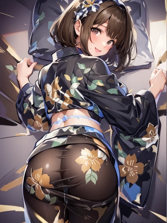 Brown hair long ninja girl Wearing a beautiful black kimono White underwear White skin tall With bangs Beautiful face Thin legs A little bit of cleavage is visible sitting on the bed Legs bent Anime Style