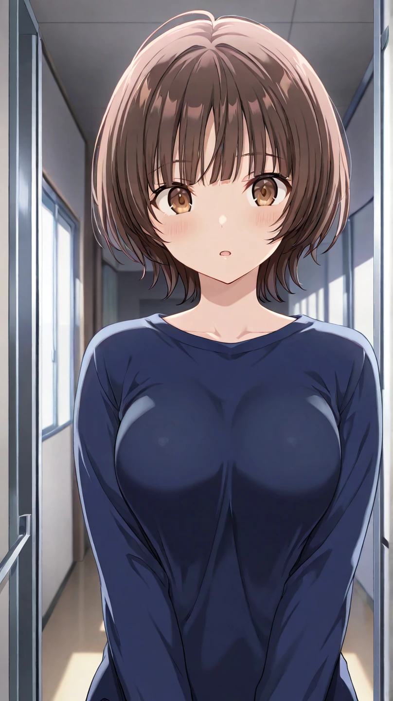 、(masterpiece、Highest quality)、Highest quality, Ultra-high resolution, (((masterpiece))), alone, Sweat、Big eyes, Composition from the front、Shortcuts、Embarrassed face、Blonde Hair、Cut your hair short、School classroom、Sailor suit、skirt、short hair、Browsing Caution、Upper body naked、Breasts exposed、Nipples、Large areola、Sitting in a chair without a backrest、Internal Medicine Examination、Woman showing her body、belly button、真Composition from the front、School Insurance Office、curtain、cubicle、window、door、Fluorescent lamp