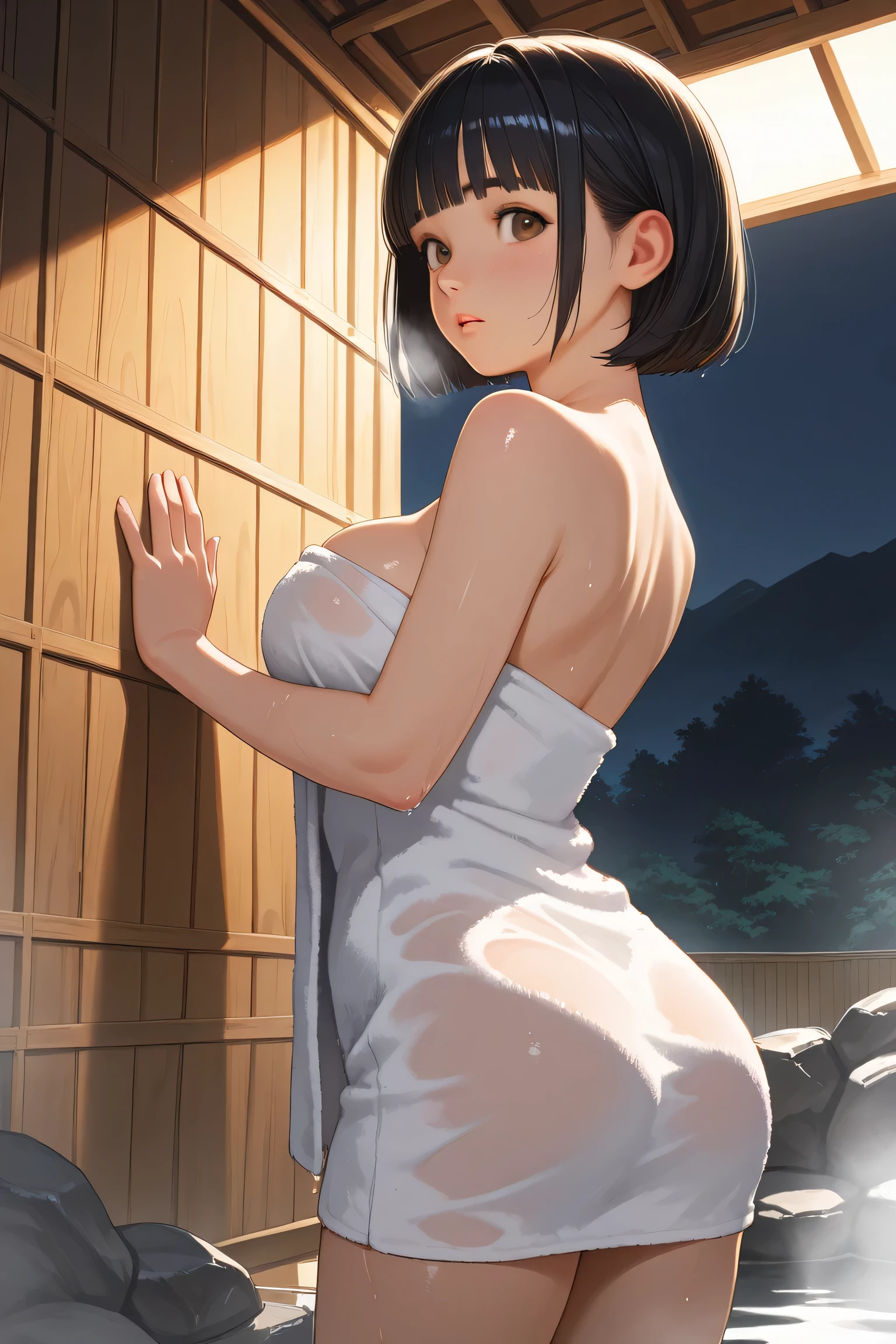 (masterpiece:2.0), (top-quality:2.0), (naked extremely small towel:1.5), (view from the behind:1.5), (perfect exposed shoulders:1.5), (perfect exposed nape:1.5), (super sexypose:1.5), (blushed face:1.3), (barechested:1.3), (realistic:1.5), 1 , precise small hands, Embarrassed look, light smile, Open mouth, extremely cute girl, innocent face, young face, Clear eyes, Shining eyes, shoulder is visible, small breast, thigh is visible, The buttocks is visible, No pubic hair, dynamic posing, The beautiful skin, ultra-definition, Top resolution, japan high school student, brown hair