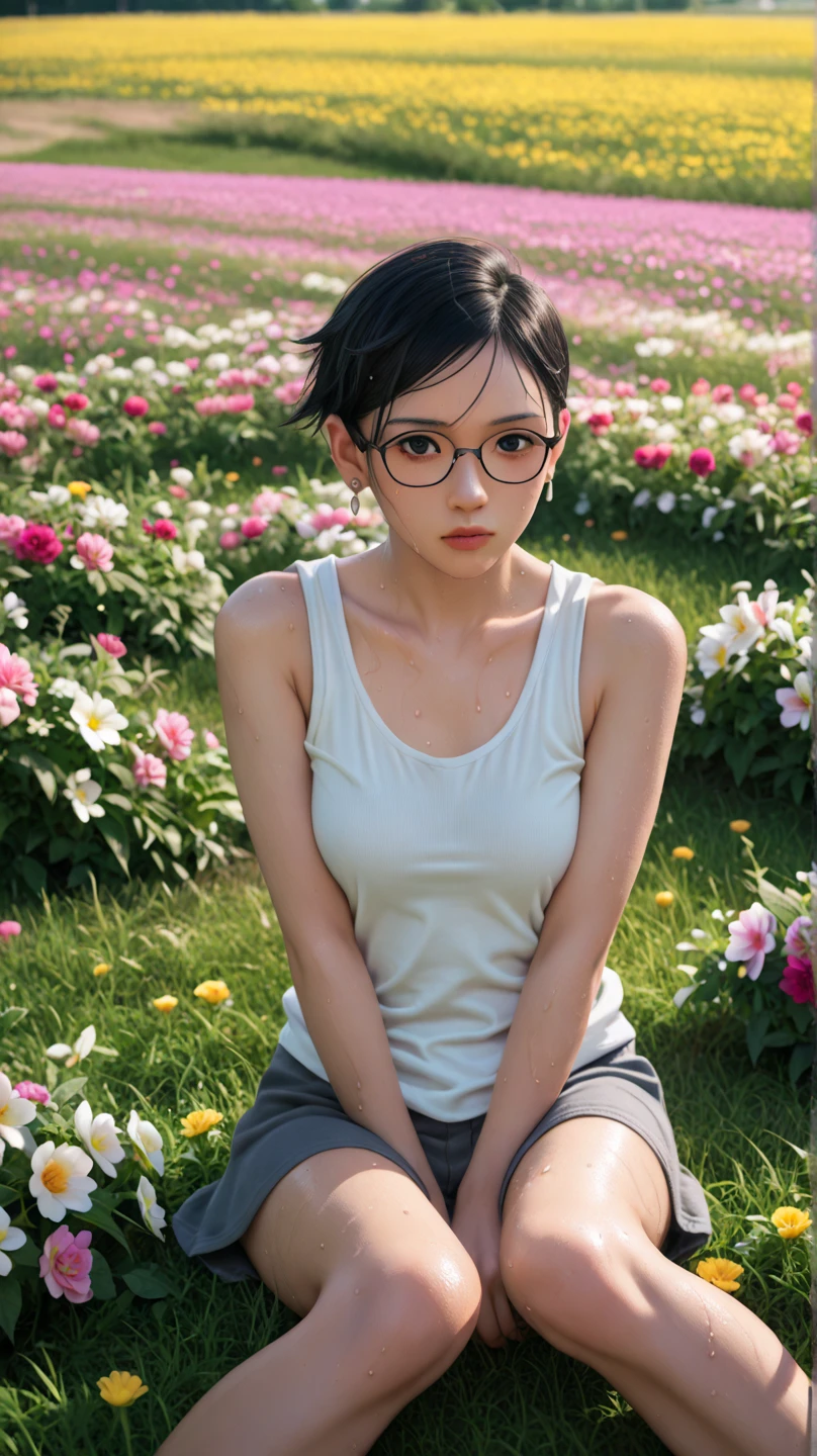 masterpiece, best quality, (realistic, photo-realistic:1.4), (RAW photo:1.2), extremely detailed CG unity 8k wallpaper, delicate and beautiful, amazing, finely detail, official art, absurdres, incredibly absurdres, huge filesize, ultra-detailed, extremely detailed, extremely detailed girl, extremely detailed eyes and face, light on face,little smile,sarada uchiha,(parted bangs:1.2),short hair,black hair,(wearing red tanktop:1.5),garden,(teen girl:1.7),close up,(wearing red framed glasses:1.4),sunflower garden,  put your hands behind your head, armpits, armpits visible, sweaty armpits, show off armpits
