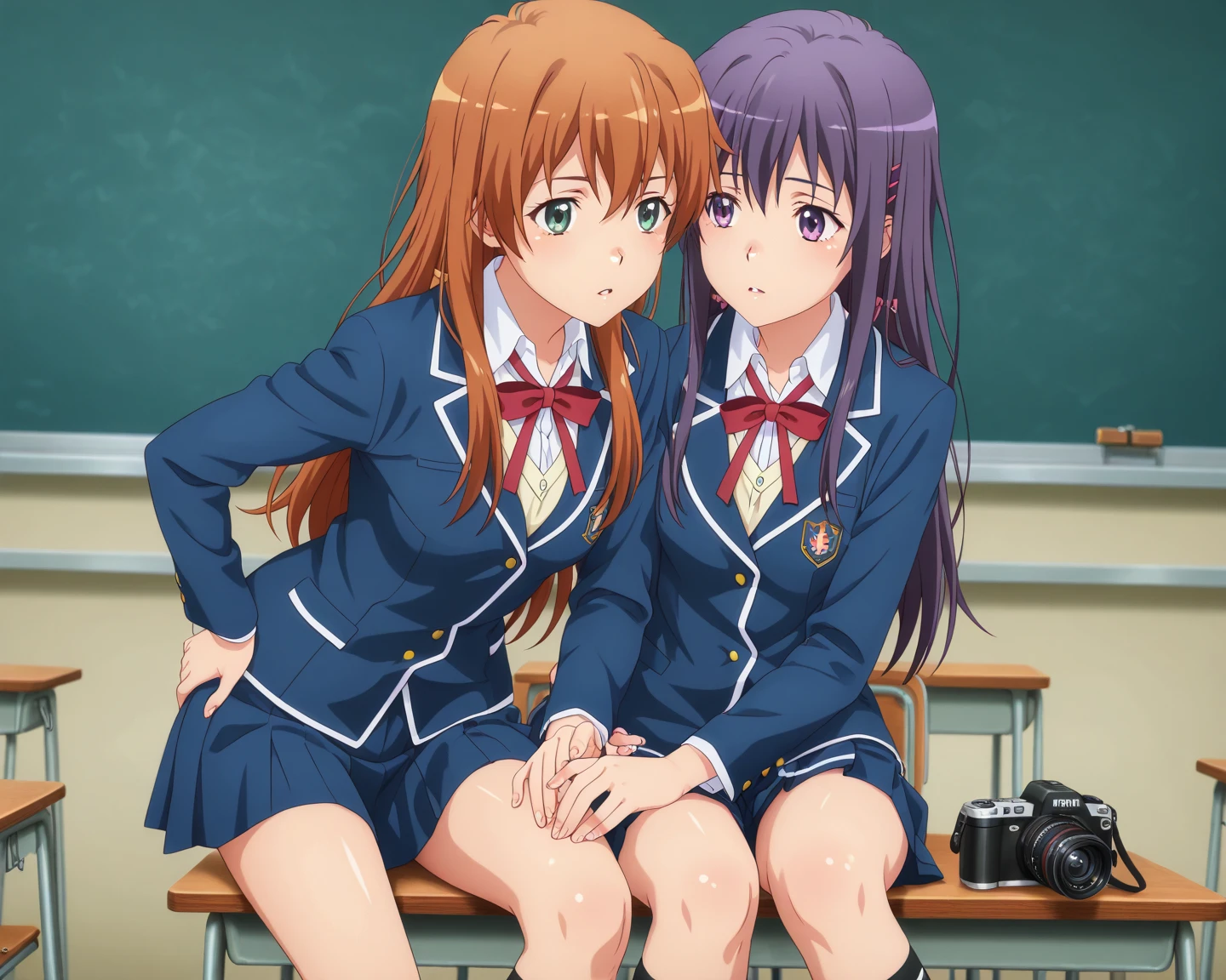 2 girls , classroom,floor,Yukinoshita Yukino , (full breats Yuigahama Yui ), physical education sitting ,wear sneakers, (Sole of foot 1.0),blazer,shirt,check skirt,(Pussy cameltoe in panties:1.0),(pink lace panties:1.0),(white lace panties),