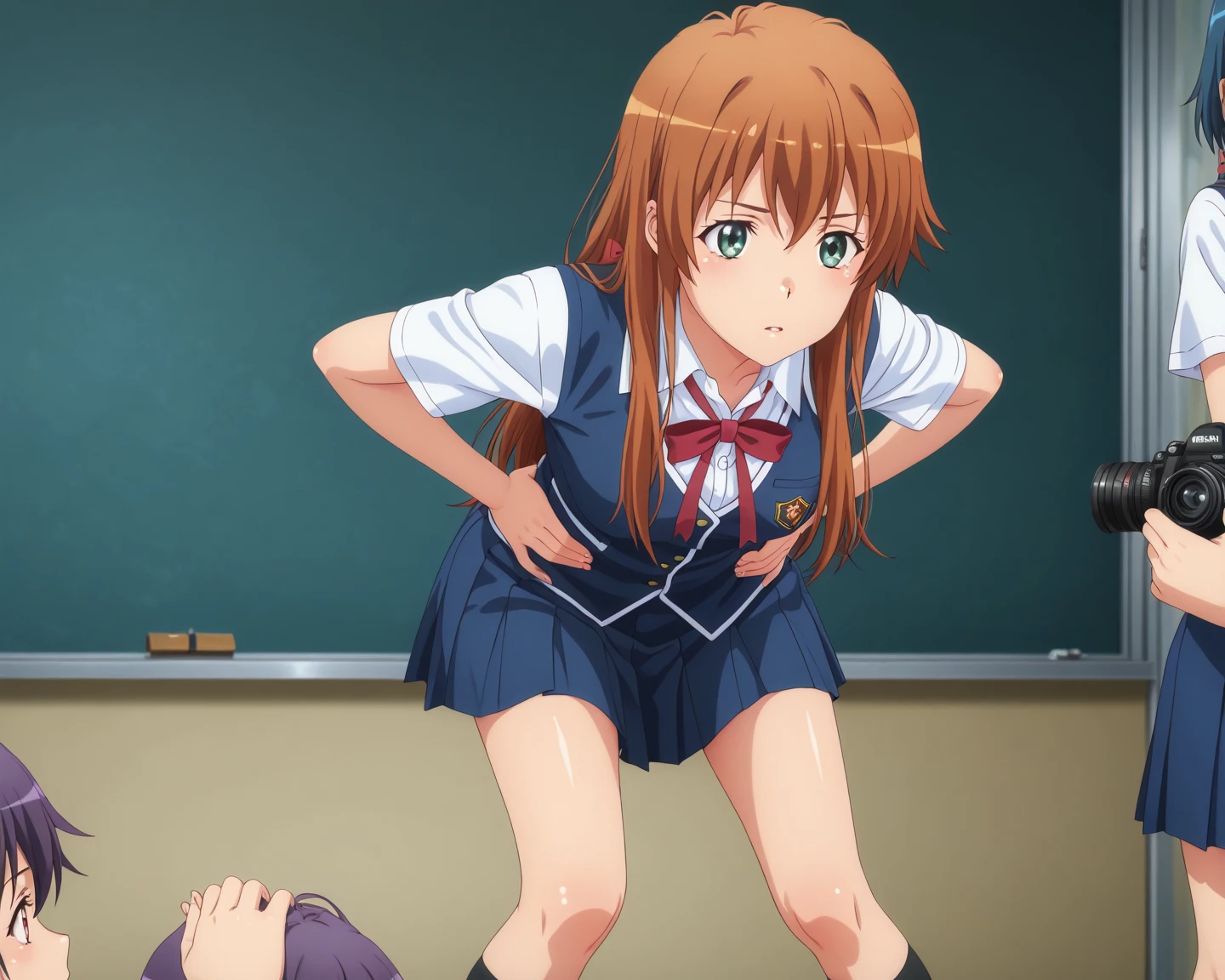 Highest quality,Highest quality,One girl,10 years old,Mouth closed,orgasm,blush, Sweat,Nanoha Takamachi,Takamati Nanoha,Twin tails,Hair Ribbon,((One Piece Uniform:1.3)),classroom、White panties、Squat、Look at this、skirt