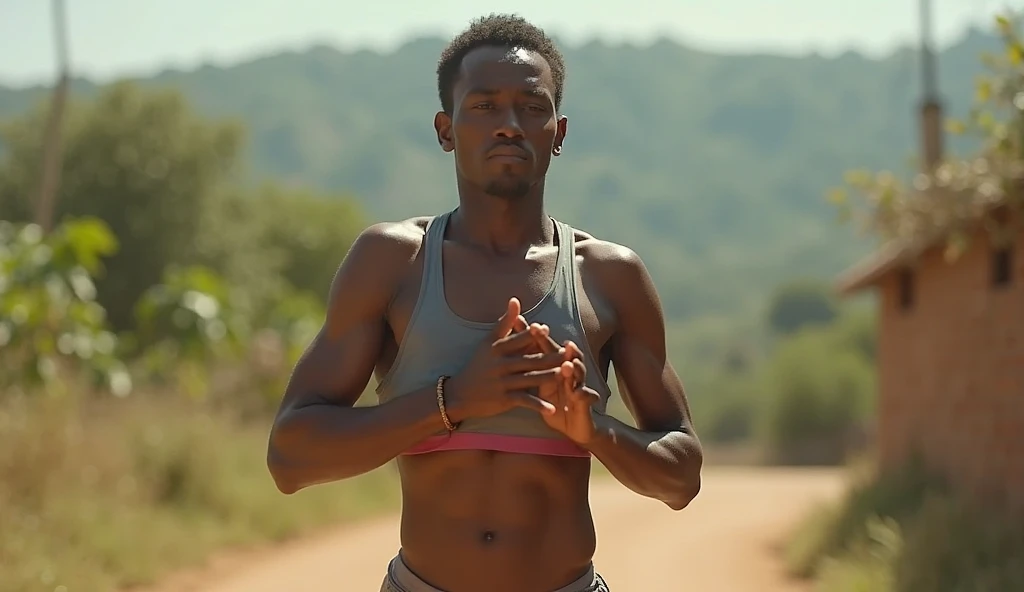 un delgado, A young athletic African man of 18 years old in old clothes runs barefoot in the African savanna. Plano medio.