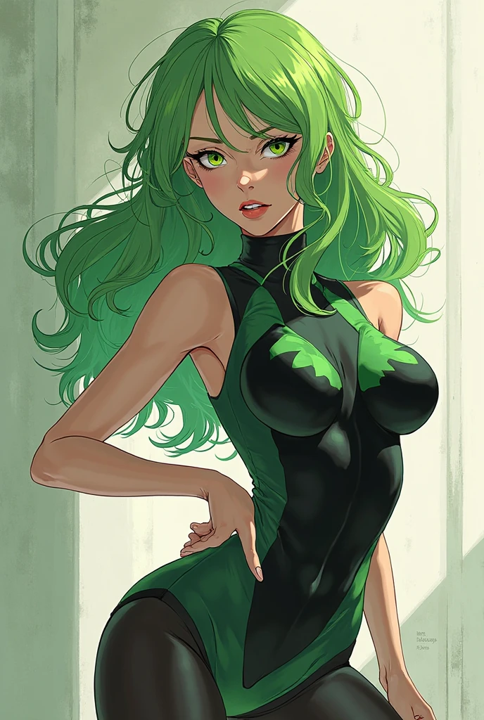 <lora:ricegnat_style:1>,((masterpiece,best quality)), absurdres,   (hand on fire:1),  <lora:GreenGoth_Dim32:0.8>, GreenGoth, green eyes, black hair, goth, black lips, long hair,  thigh boots, black thighhighs, black jacket, fishnets, skirt, green bikini, solo, smiling, smug, looking at viewer, upper body, portrait,  green fire,