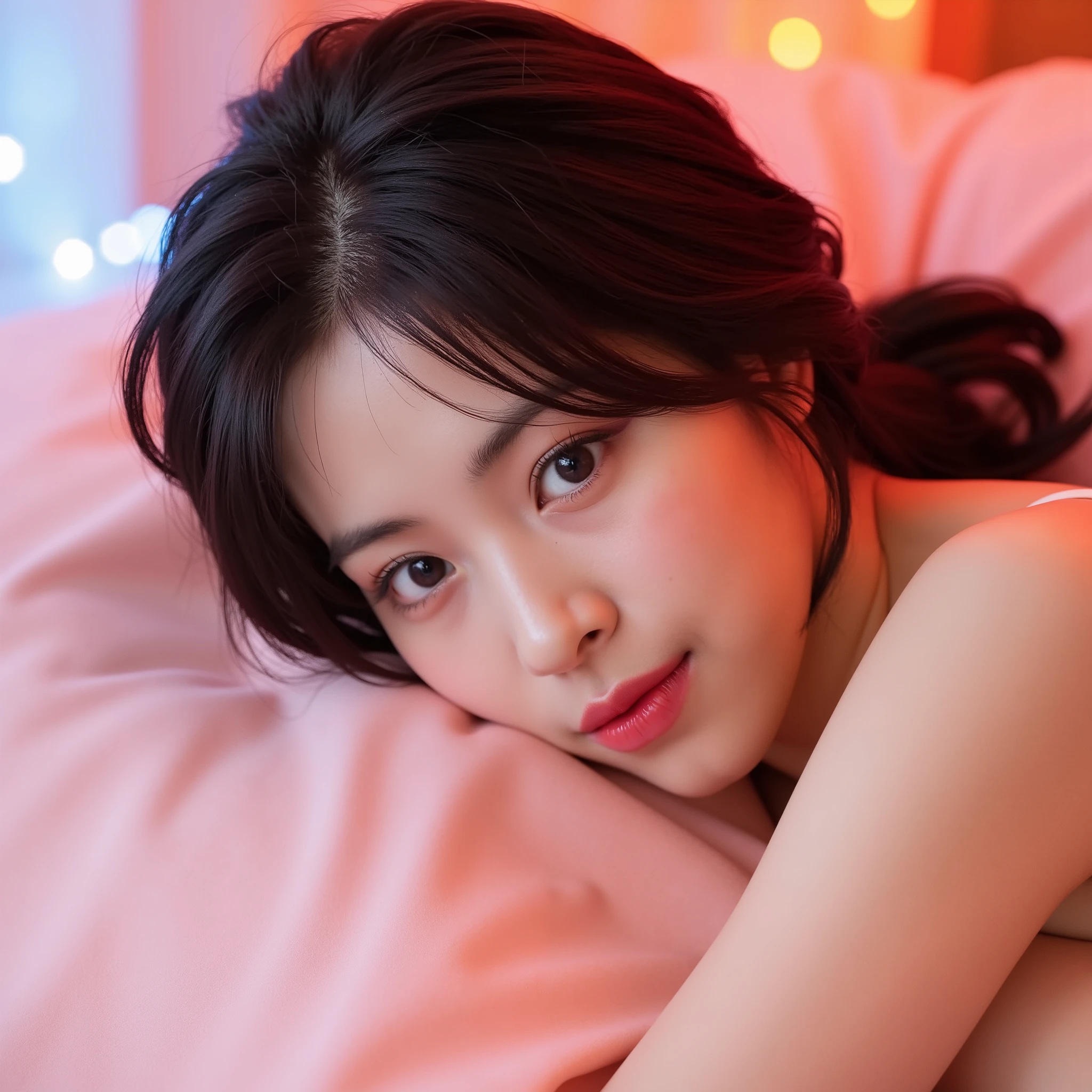 A woman in a revealing pink lingerie, small round breasts, delicate facial features, long eyelashes, sensual expression, reclining on a soft bed, moonlight streaming in through the window, glowing skin, ethereal atmosphere, cinematic lighting, highly detailed, photorealistic