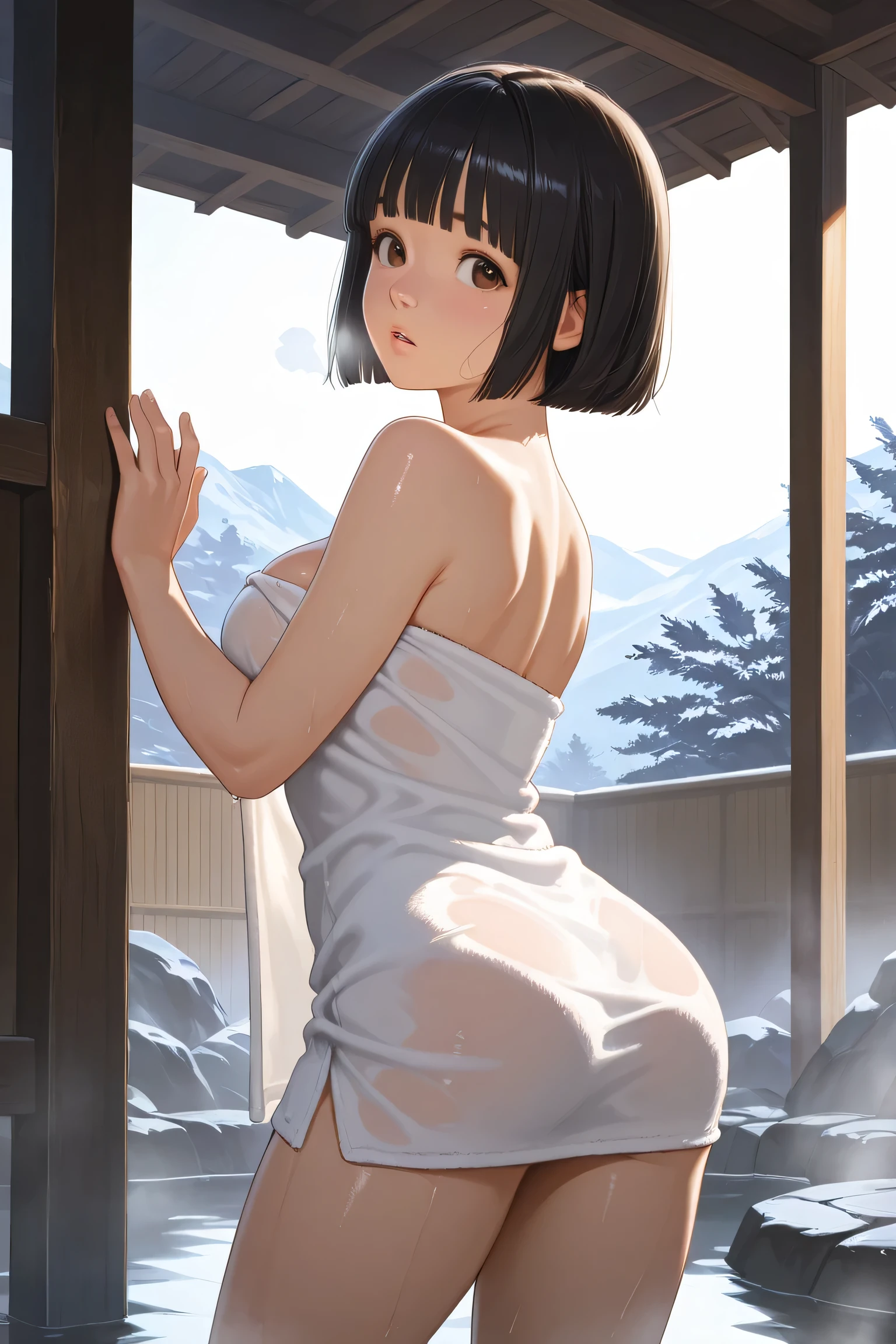 (Realistic:1.3, highest quality:1.3,8K masterpiece:1.3,High resolution,Pieces fly:1.3),23-year-old woman, Clothes(White leotard:1.3,choker), (Looking into the camera:0.2),angle(Photo taken from the bottom back:1.3), hair(肩までかかったhair:1.2,明るい金hair:1.5,blue eyes), Performance(Blushing:1.3,smile:1.3), skin(綺麗な濡れたskin,Sweaty:1.3),stop temporarily(足を広げた大胆なstop temporarily,ダイナミックstop temporarily:1.2),Open-air bath,vapor,vapor,background(Snow Scene,Snow Mountain:1.3, sunrise:1.3),(濡れたClothesがskinに張り付いた:1.4),(Clothes越しに見える乳首),(Clothes越しに見える性器),(Clothes越しに見える尻),(thin, Abdominal muscles:1.2),(young skinny gravure idol, A sophisticated gravure idol),(finely detailed perfect face),Normal hand:1.5,Normal finger:1:5,Normal feet:1.5,(Camel Toe)