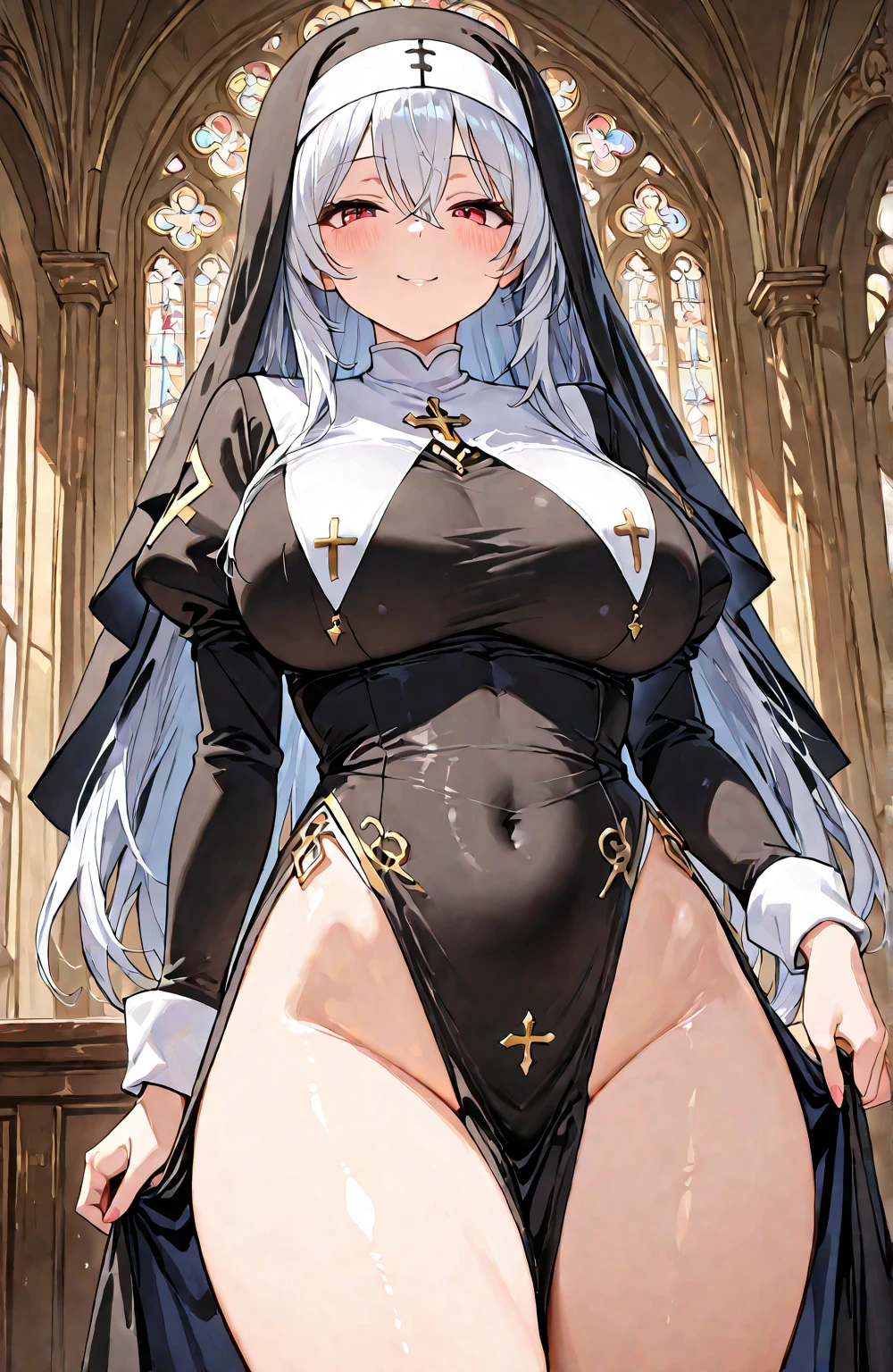 (masterpiece, highest quality, perfect anatomy, erotic, sexy) 1 woman, 25 years old, very tall, muscular, defined arms, defined abdomen, muscular thighs, dark skin, large breasts, high muscular definition, muscular, silver hair medium, amber eyes, many tattoos (sexy nun outfit, silver jewelry, silver rings, necklace and silver) in a church in the background, bitch smile, flushed face, eyes shining with mischief, face of rape,