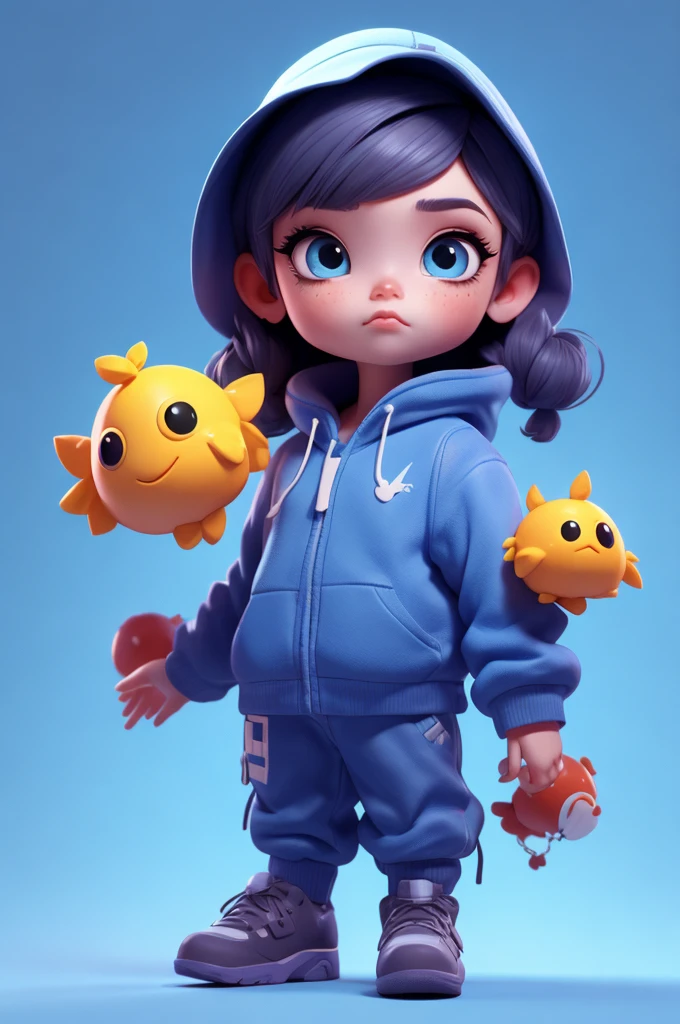 Blind Box toy style, a cute little girl with yellow octopus hair, blue eyes, with a gas mask, stylish gray top, black tight shorts, stylish sneakers
