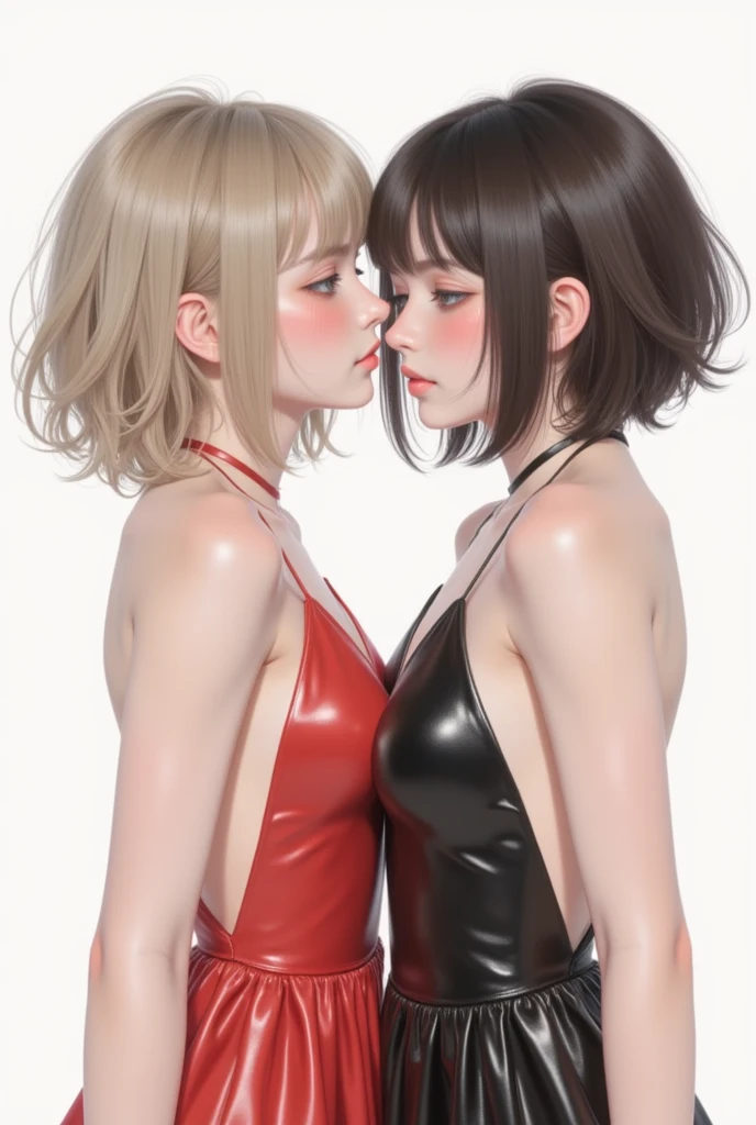2girls、sprawl、the kiss、embracing each other、Hot kiss、Top image quality、Raw photography、超A high resolution、16-year-old woman、big round chest、Thin and tight metallic gloss tube top、Thin and tight metallic red skirt、Metallic Gloss Knee High Socks、Leather boots、Beautiful Eyes of Details、very elongated eyes、Beautiful eyelashes、Beautiful double eyelids、Bright blonde shorthair、very slender physique、Glossy dark red lipstick、eyeshadows、eye line、Sad face、red blush、The whole body is soaking wet、Turn your butt towards us、Sateen、