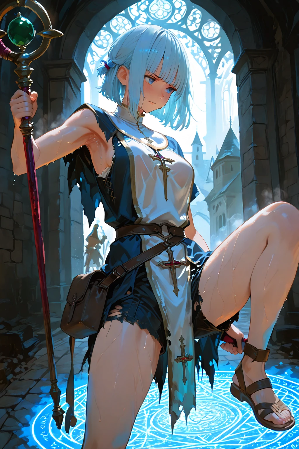 1girl, ((short dress)), white dress, boots, ((full body)), horns, dragon tail, solo, medium breasts, dragon horns, pointy ears, dragon girl, flower, short hair, hair ornament, blue hair, hair flower, headpiece, purple eyes, cleavage, bare shoulders, blue flower, covered navel, bangs, spear, hair between eyes, looking at viewer, detached sleeves, gloves, closed mouth, blush, curled horns, gauntlets, armor, tight (ultra-detailed, detailed clothing, intricate clothing, masterpiece, highres, absurdres, best quality, detailed face, nose, beautiful face, accurate face, realistic face, cute face, stylized, illustration, perfect face, cygames, realistic eyes, wide hips, empty eyes, high quality, realistic, textured, ambient lighting, cinematic lighting:1.2) (detailed eyes, expressive eyes, detailed face, expressive face), nose, thigh gap, ((outdoors, sky in background)),