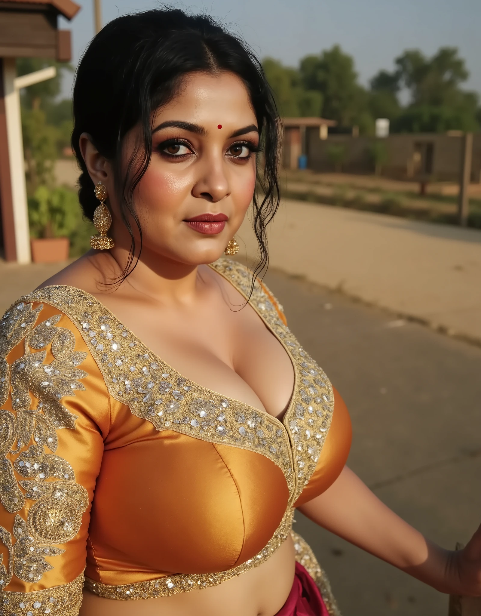 An indian 30 year girl, with big breasts,, fully visible cleavage,standing near a farm with embroiderd glittery blouse,visible navel,heavy weight chubby girl,WEARING saree,fully visible face