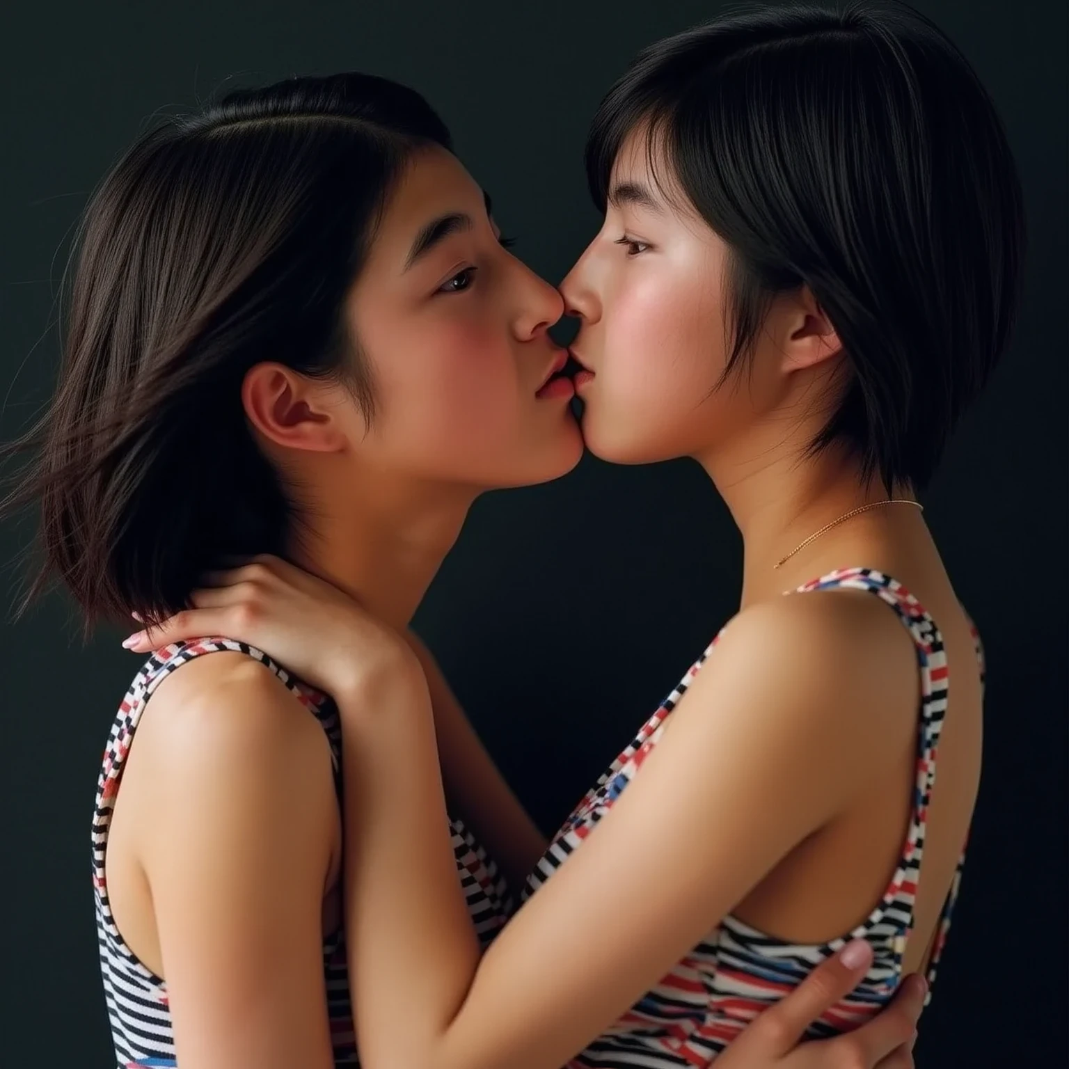 score_9, score_8_up, score_7_up, uncensored, realistic, simple background, gray background, 
2girls, beautiful girl, (_child:1.5), short torso, (small female:1.3), (short torso), japanese, black hair, short hair, bangs, brown eyes, oiled, sweat, lotion, skindetnation, shiny skin, large areola, (open eyes:1.2), (drool:1.3), saliva,
white camisole, erect nipples, puffy nipples, (breast grab), nipple slip
standing, upper body, hug, french kiss, (tongue kiss:1.2), deep kiss, head tilt,