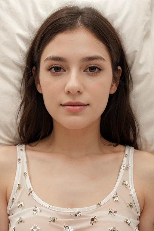 A teenage realistic high detailed skin girl naked lying on bed I'm on top of her face close up