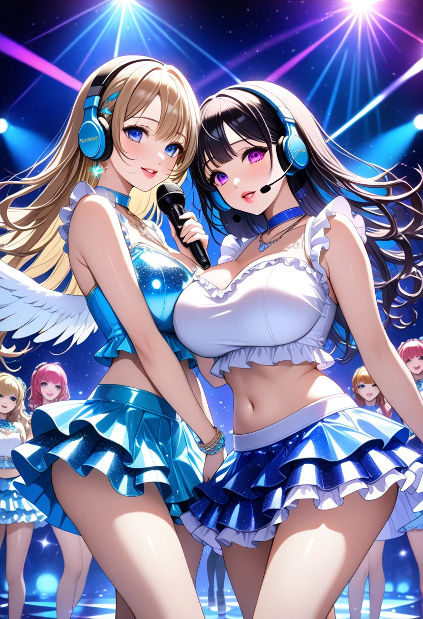 (two adult women:1.3)、exact number of fingers、Exact number of legs、Exact number of arms、bangs, ribbon ponytail, brown hair, (blush:1), (Two women put one hand in their panties:1.8), fingering, (pussy juice:1.2), cum in mouth, (two women are singing with microphones:1.5)、white and navy idol costume、That costume includes a navy blue idol-style corset., That costume has a ribbon on the collar.、The costume covers the shoulders, sides, upper arms, and arms., That costume only opens wide at the chest.、high socks、white idol style skirt, (Detailed and luxuriously decorated underwear:1.3), Ribbon at collar, (Light blue horizontal string lace panties with a lot of lace:1.3), Light blue lace bra:1.2), sexy underwear, Thighhighs、 beautiful big breasts, (erect nipples:1.2), the skirt is turned up、highest quality, High resolution, (detailed and beautiful eyes:1.6), highly detailed face, perfect lighting, Very detailed CG, (perfect hands, perfect anatomy),embarrassed expression、The expression that you are holding back from going to the toilet, (sexual pleasure expression:1.4), (expression of agony:1.2)、close your eyes、sexy look、look upward、mouth half open、Climax、(live stage、a lot of spectators:1.5)、Mike stand、whole body